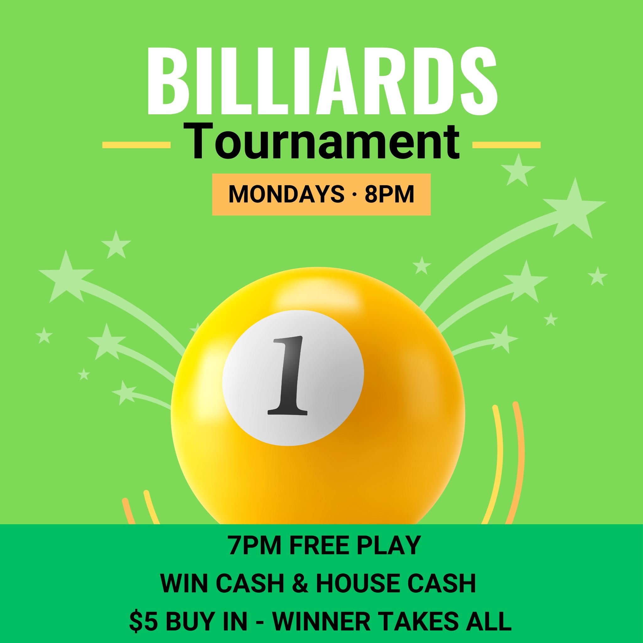 🎱🏆 Dive into our Monday Night Pool Tournament! Free play starts at 7 PM, and the tourney kicks off at 8. It's a $5 buy-in, winner takes all, plus cash prizes for 1st &amp; 2nd place! 🎱💰 #PoolTournament #MondayNightFun  #rackemup #cuetheexcitement