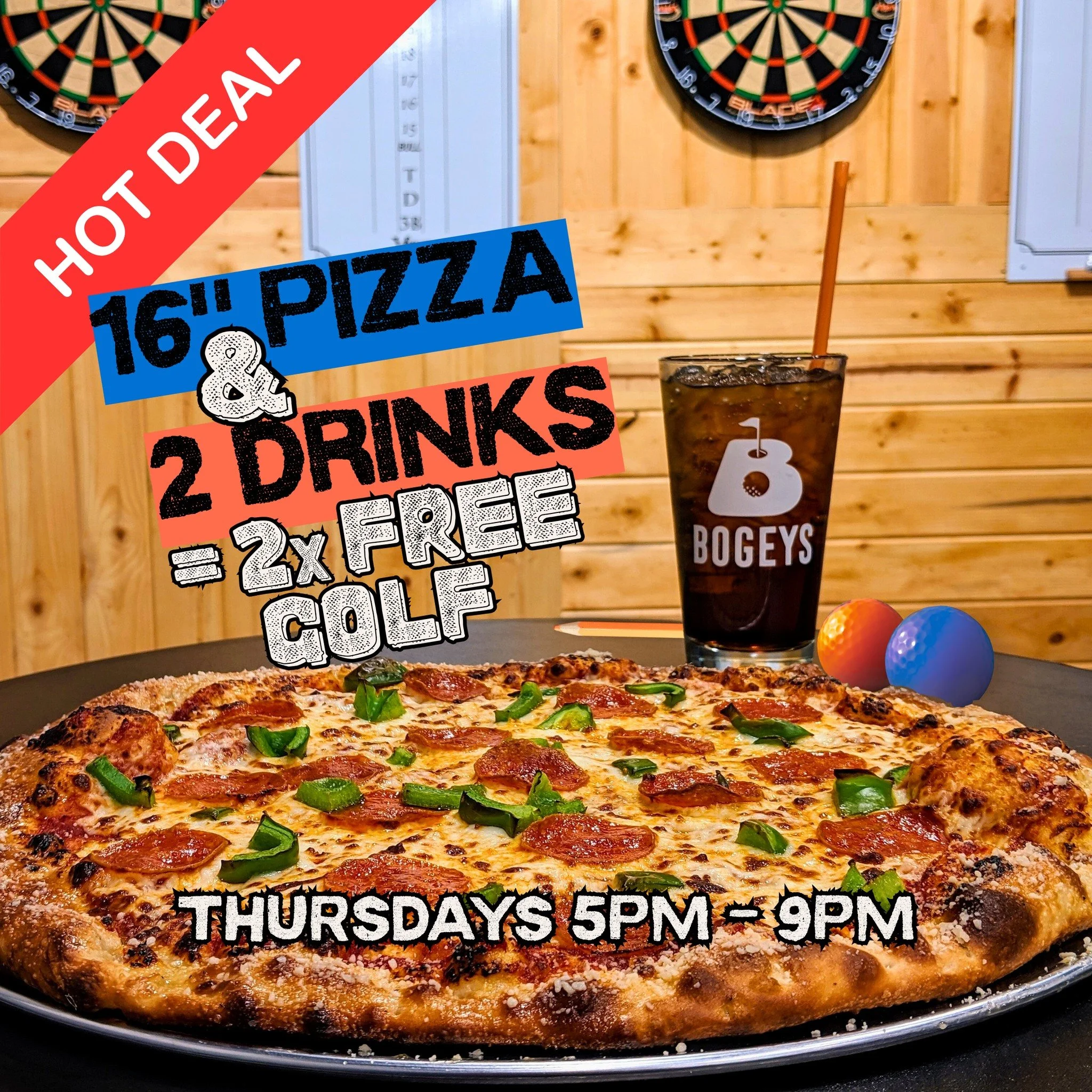 🍕⛳ Thursday Night Special at Bogeys!
Every Thursday from 5&ndash;9PM, enjoy a 16&rdquo; pizza + 2 drinks and get FREE mini golf for two!

Perfect for a fun night out with friends, date night, or family time.
Dinner, drinks, and a round of golf&mdash