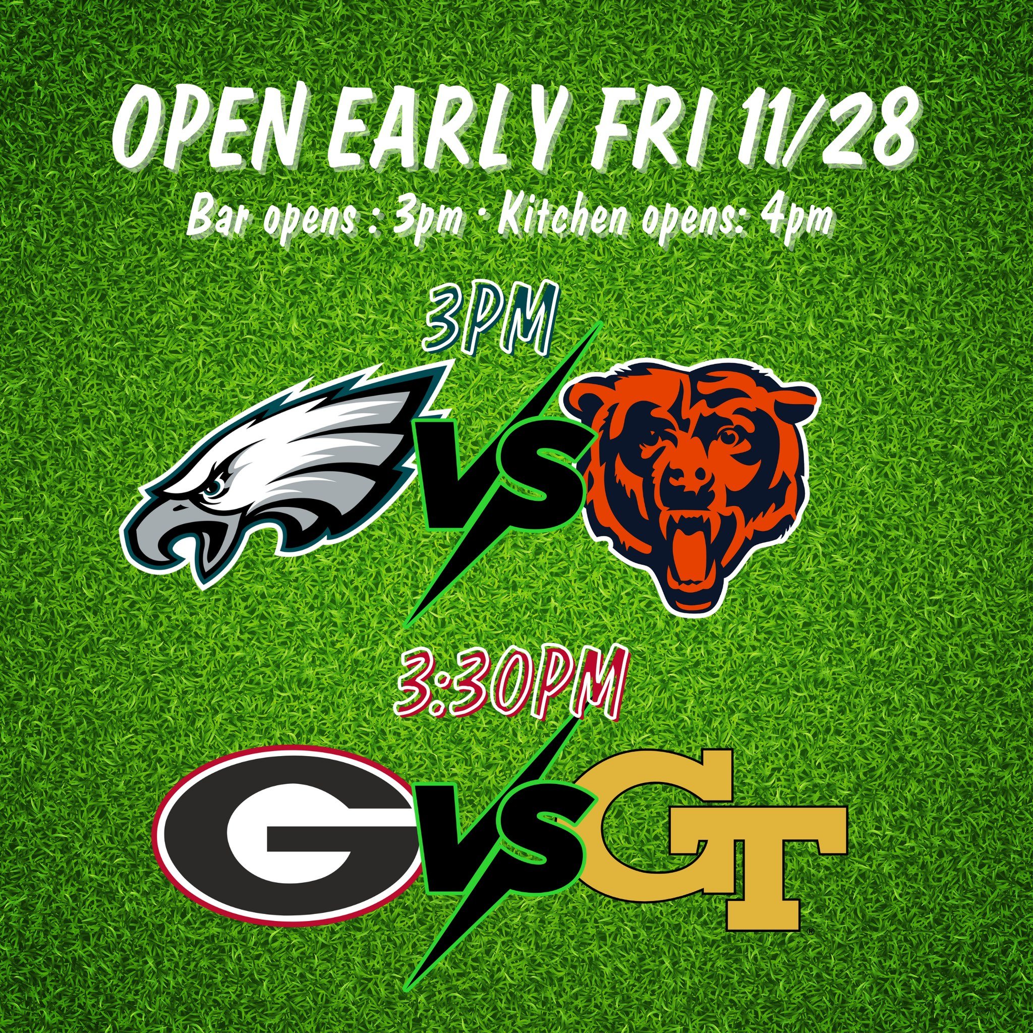 The games are early, so we are too! 🏈
We&rsquo;re opening Friday, Nov 28th at 3pm for Eagles vs Bears, with the kitchen firing up at 4pm. Stick around for UGA vs GA Tech at 3:30pm!
Come grab a seat and kick off the weekend right!
#openearly #rivalry
