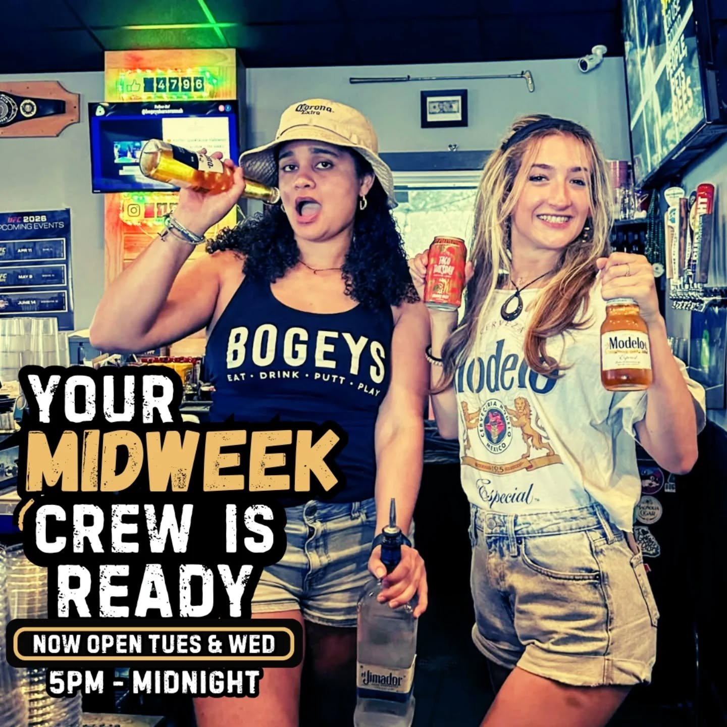 Now open Tuesdays &amp; Wednesdays &bull; 5PM&ndash;Midnight at Bogeys!