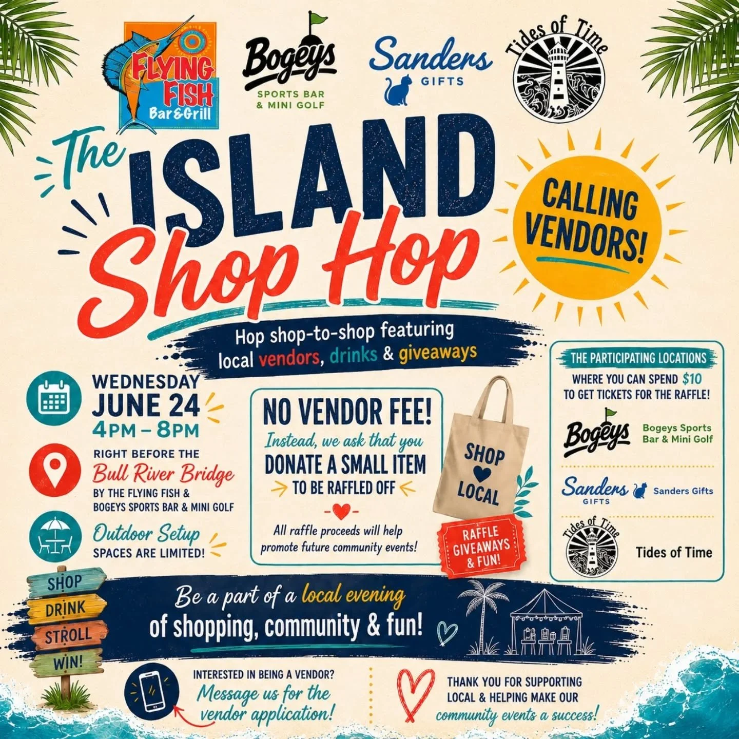 🚨 CALLING LOCAL VENDORS! 🚨

Join us for the very first Island Shop Hop on Wednesday, June 24 from 4 PM &ndash; 8 PM!

We&rsquo;re looking for local makers, artists, boutiques, baked goods, crafts, specialty products, and more to be part of an eveni