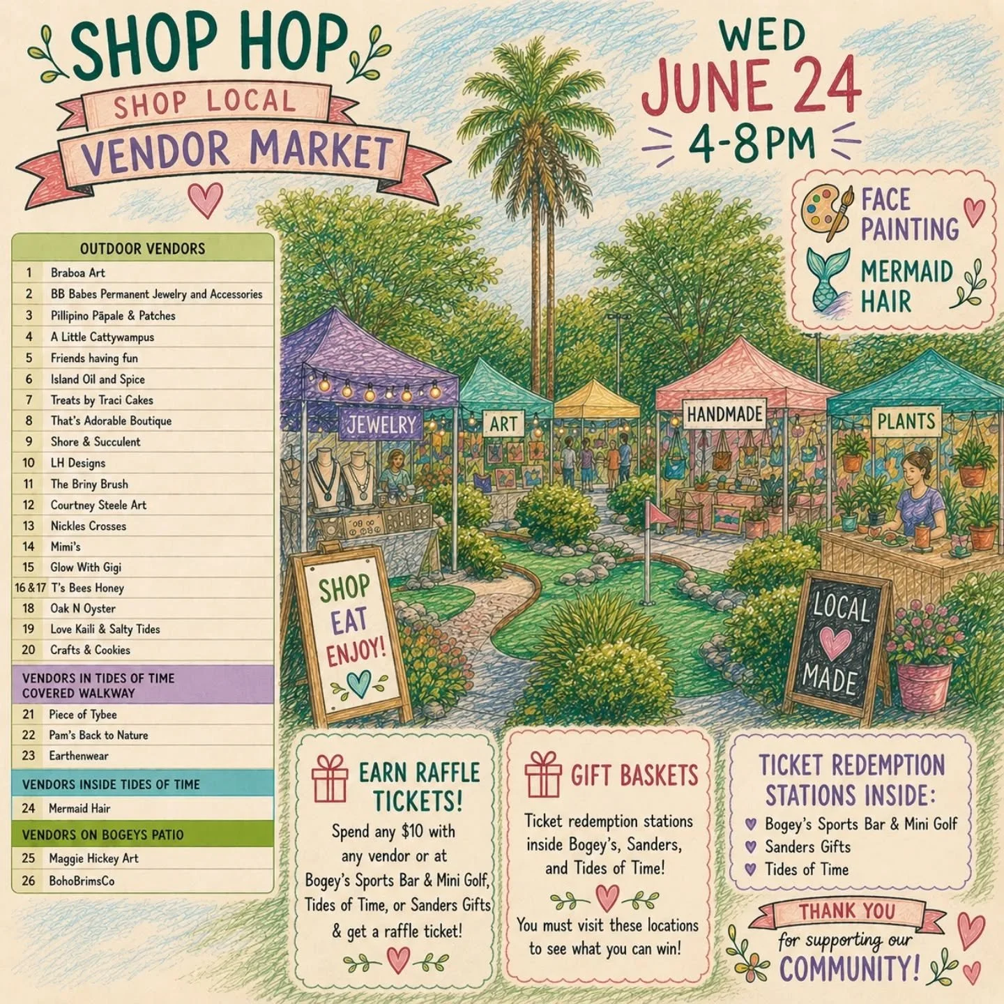 The Island Shop Hop market is right around the corner! Come support some small local businesses and maybe win some cool stuff! 

👀 Peep the list of vendors! Guests will be given maps at the event so they can easily find all the vendors!