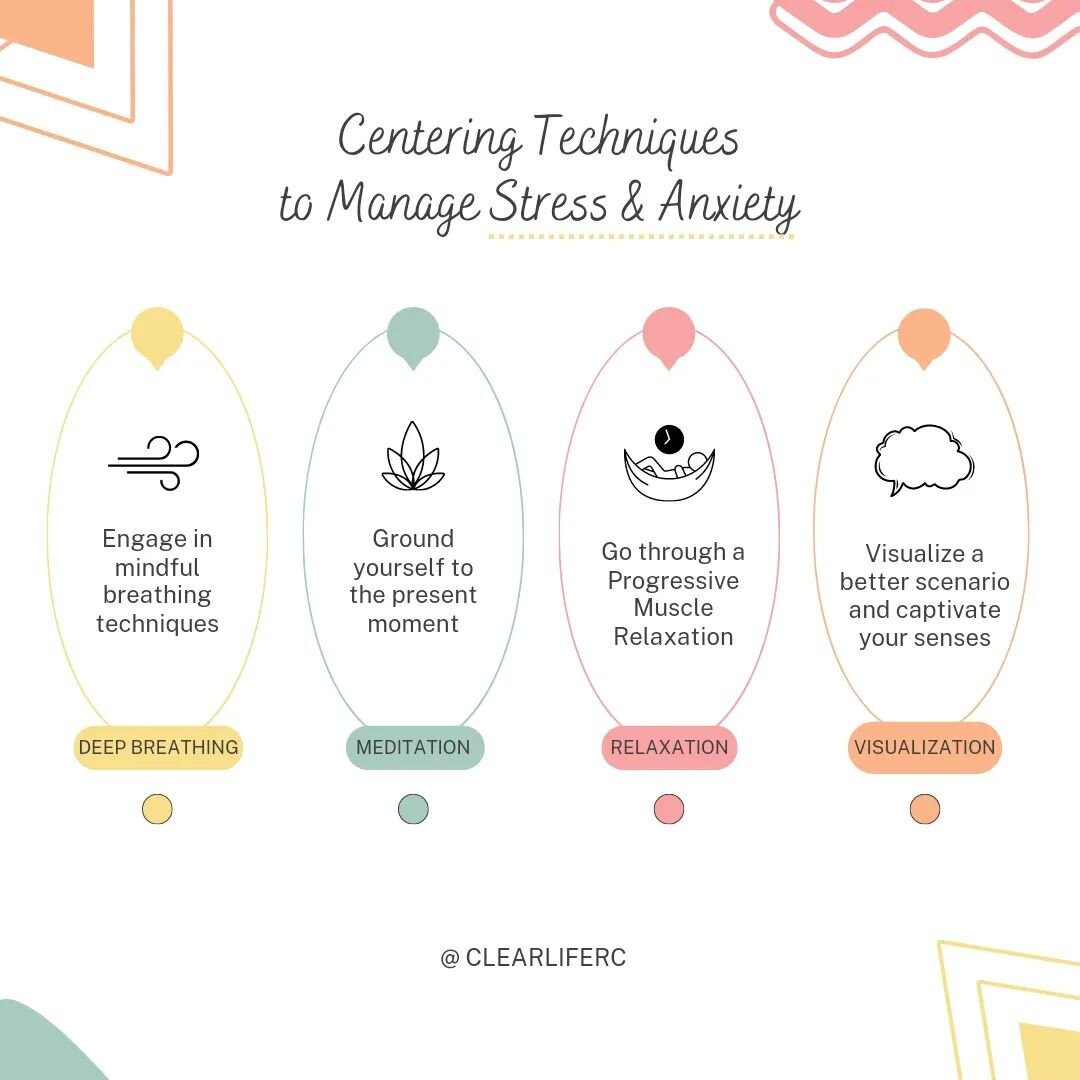 CENTERING TECHNIQUES

When we experience stress and anxiety, we often get flooded with unmanageable thoughts and our reactions often take off. The process of centering allows us to neutralize anxiety by bringing our attention and focus to something e