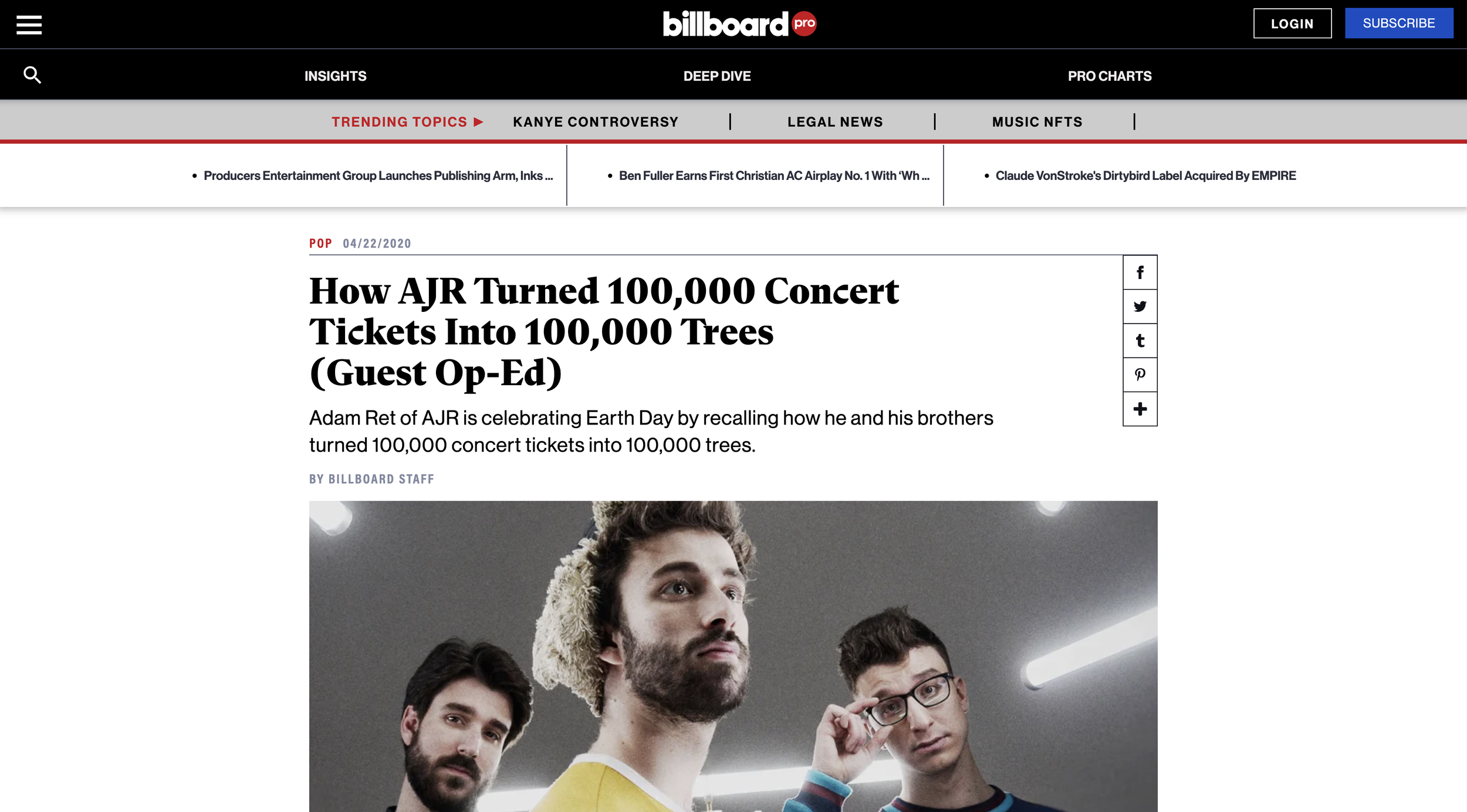 BILLBOARD: How AJR Turned 100,000 Concert Tickets Into 100,000 Trees