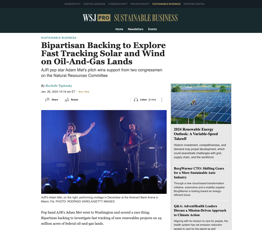 WALL STREET JOURNAL: Bipartisan Backing to Explore Fast Tracking Solar and Wind on Oil-And-Gas Lands 