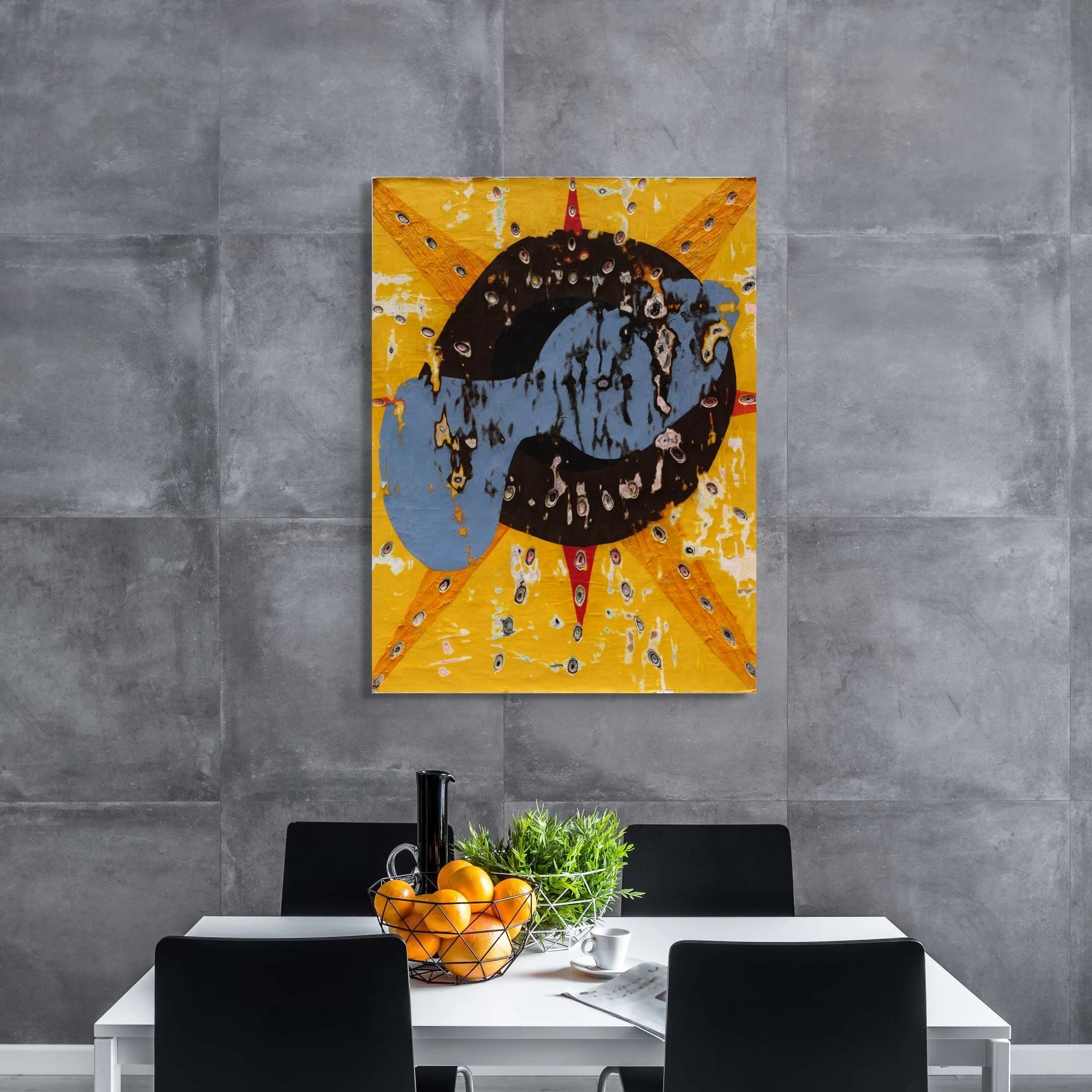 Naga, layered and hand-carved paper artwork by Michele Bonds, shown in contemporary interior