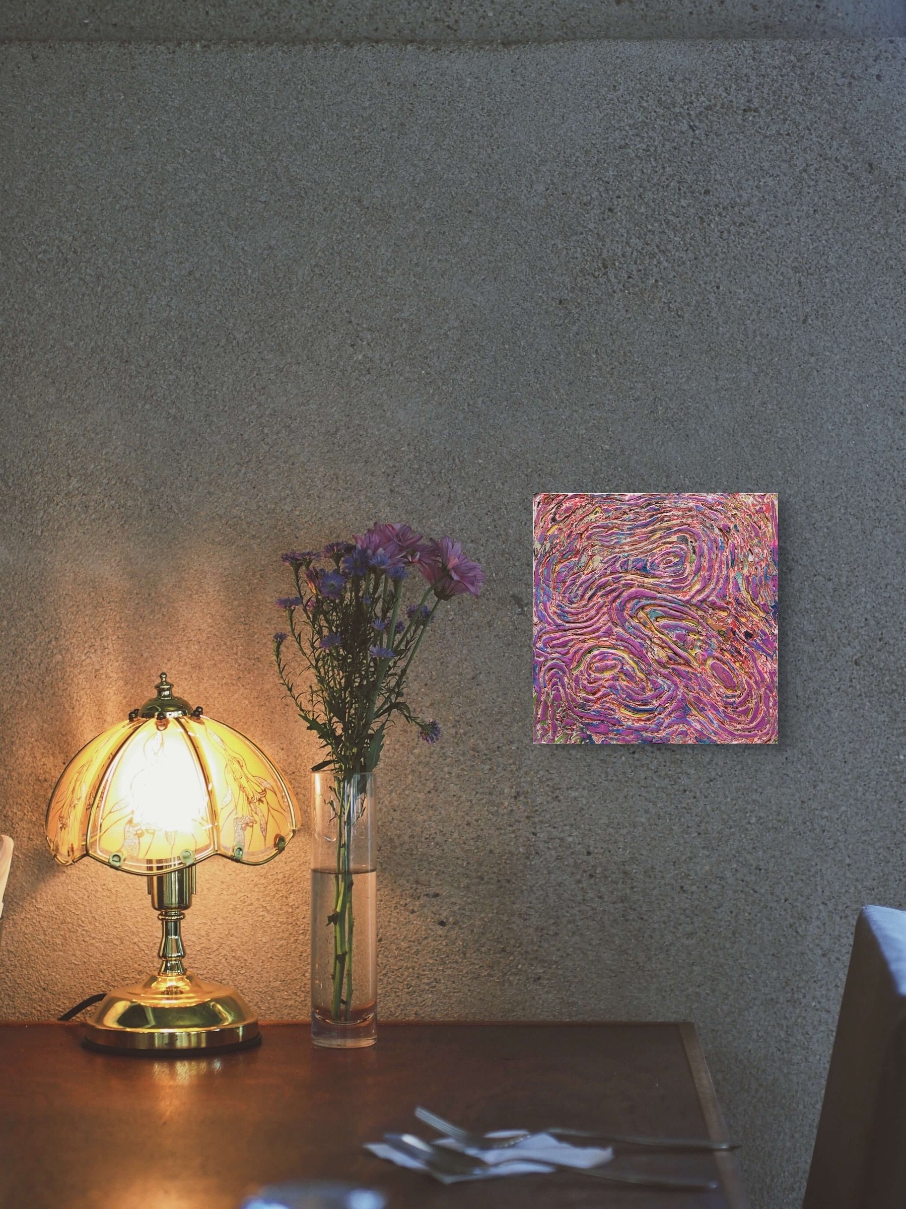 Curves #1, layered and hand-carved paper artwork by Michele Bonds, shown in contemporary interior
