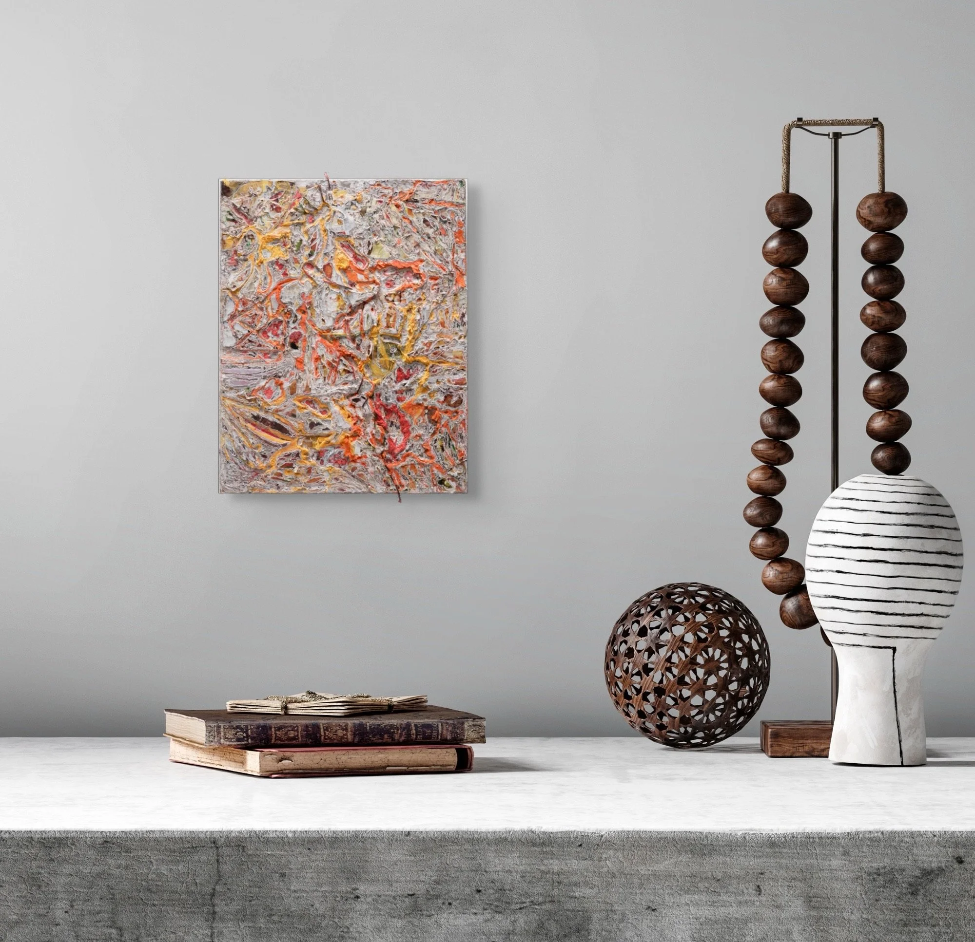 Phoenix Burning, sculptural paper artwork by Michele Bonds, displayed in neutral interior setting