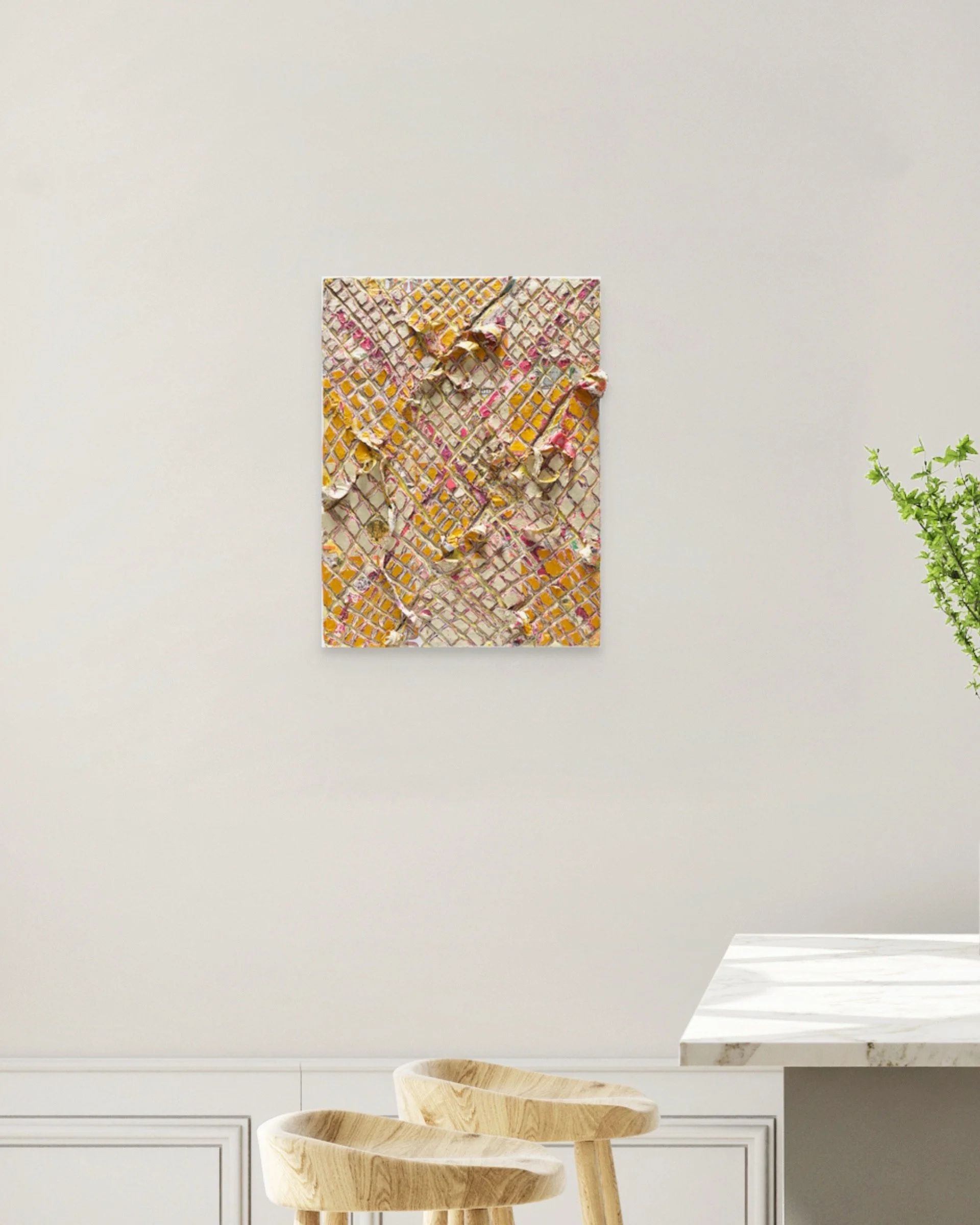 Dinero Viejo de Familia, sculptural carved paper artwork by Michele Bonds, installed in modern interior