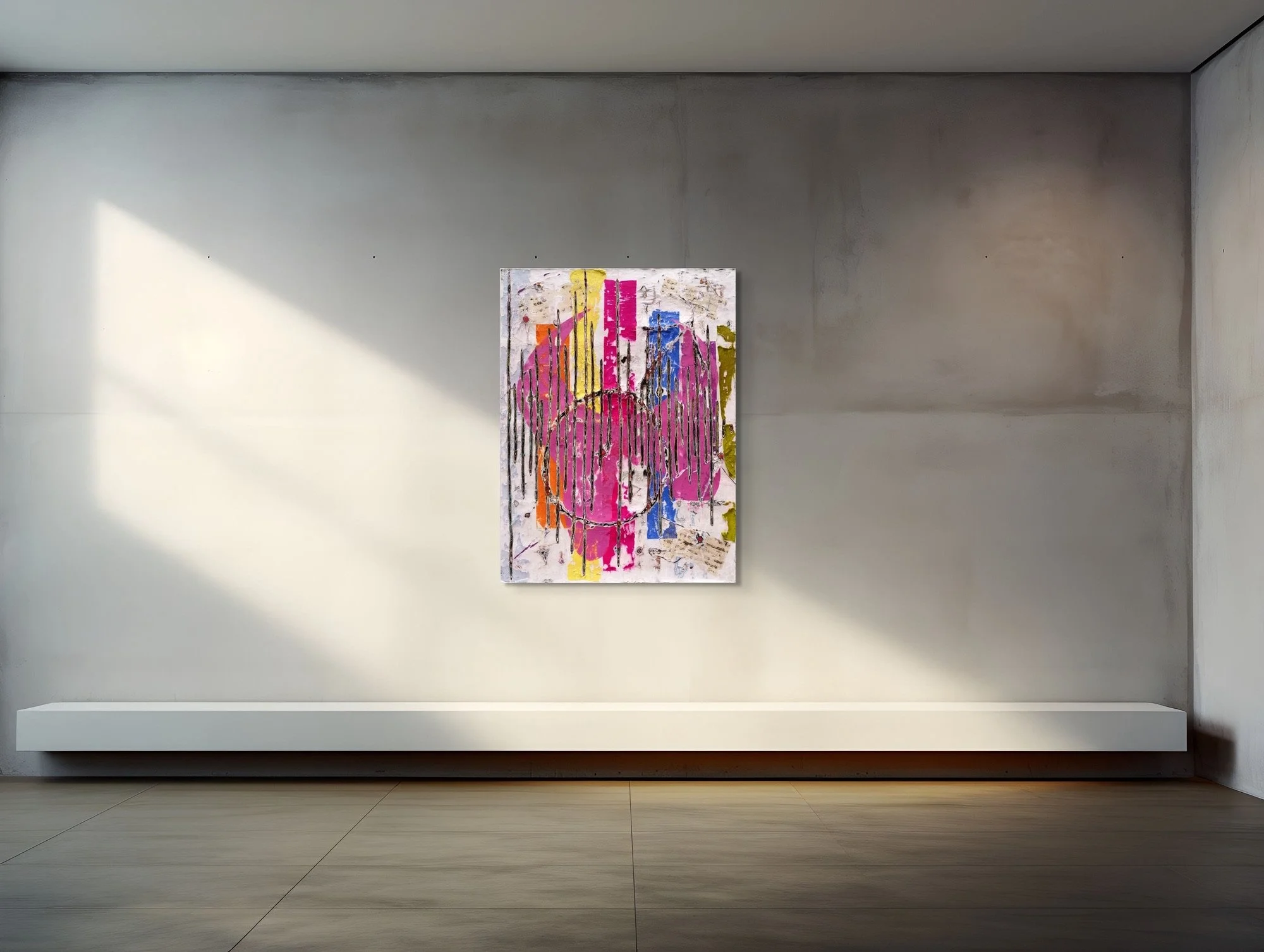Polypony, layered and hand-carved paper artwork by Michele Bonds, shown in contemporary interior