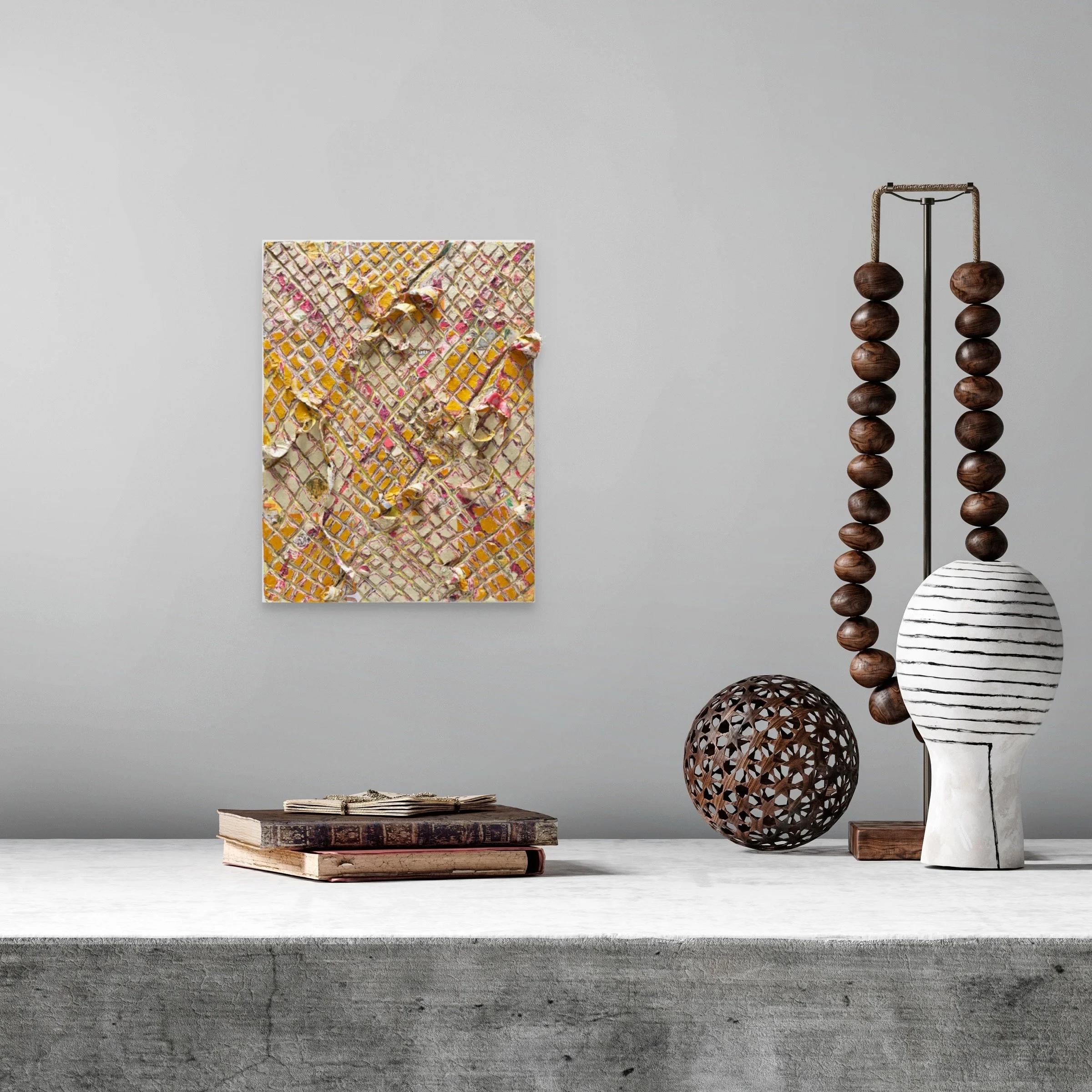 Dinero Viejo de Familia, sculptural paper artwork by Michele Bonds, displayed in neutral interior setting