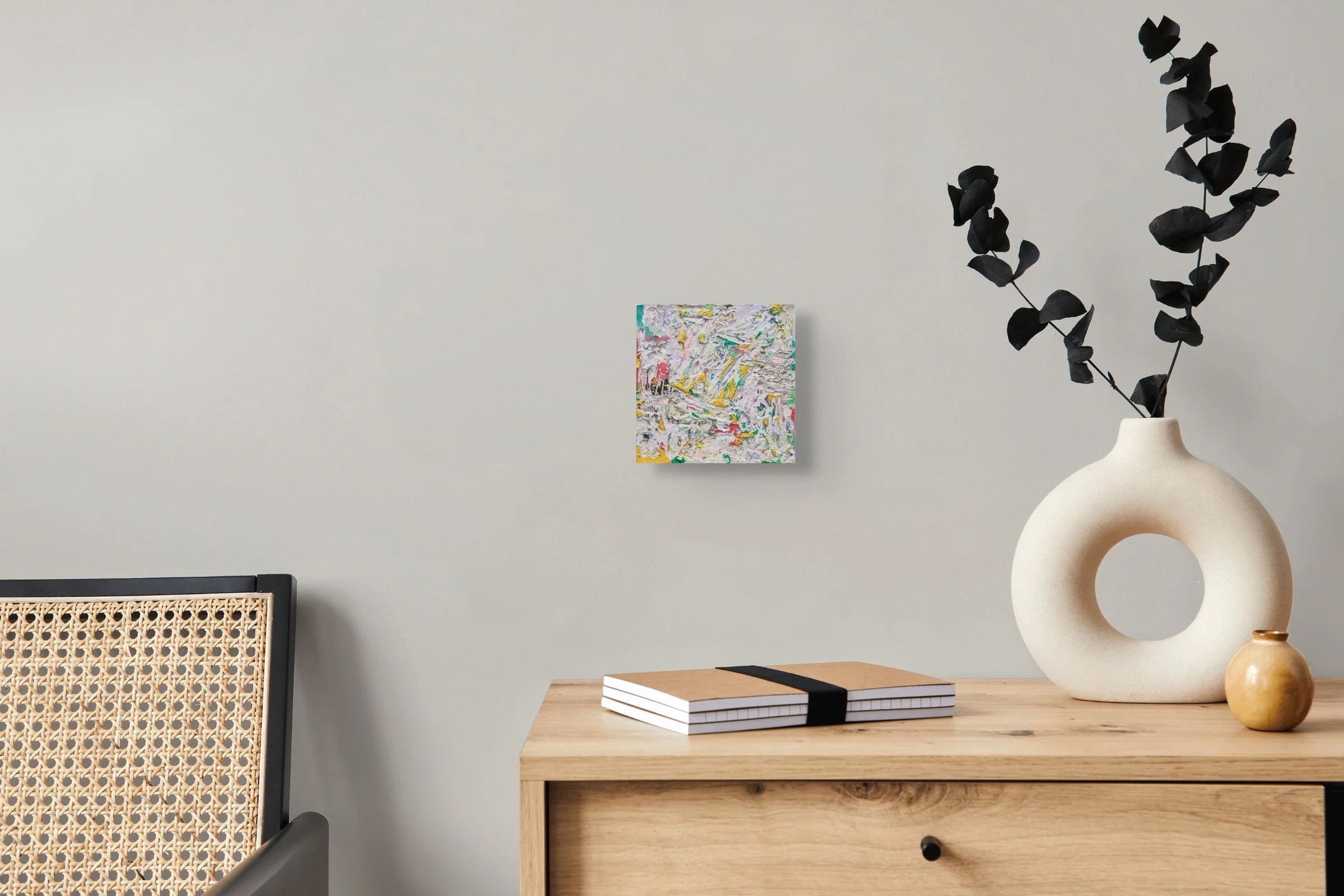 Fire #3, layered and hand-carved paper artwork by Michele Bonds, shown in contemporary interior