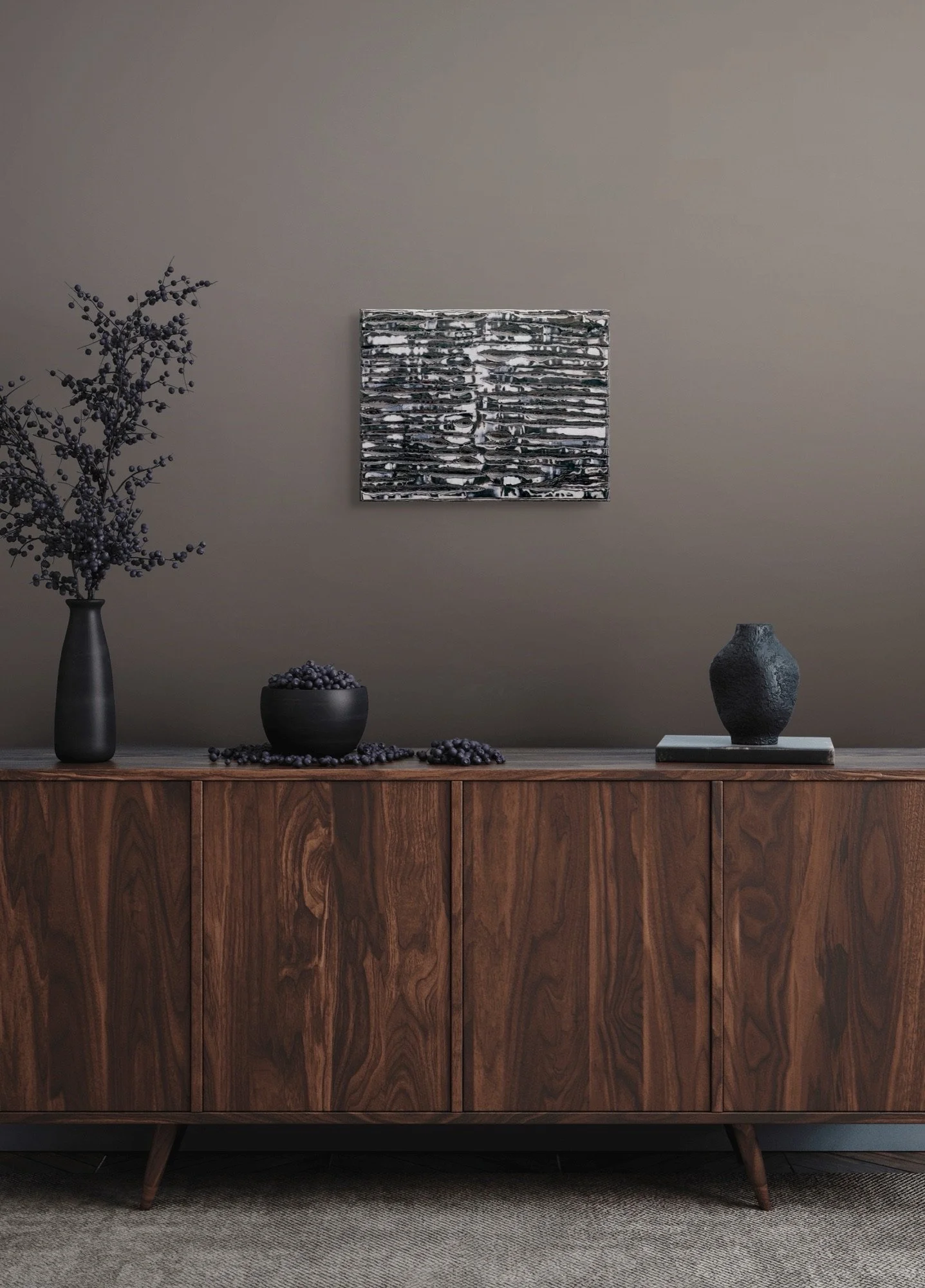 Axial Memory, layered and hand-carved paper artwork by Michele Bonds, shown in contemporary interior