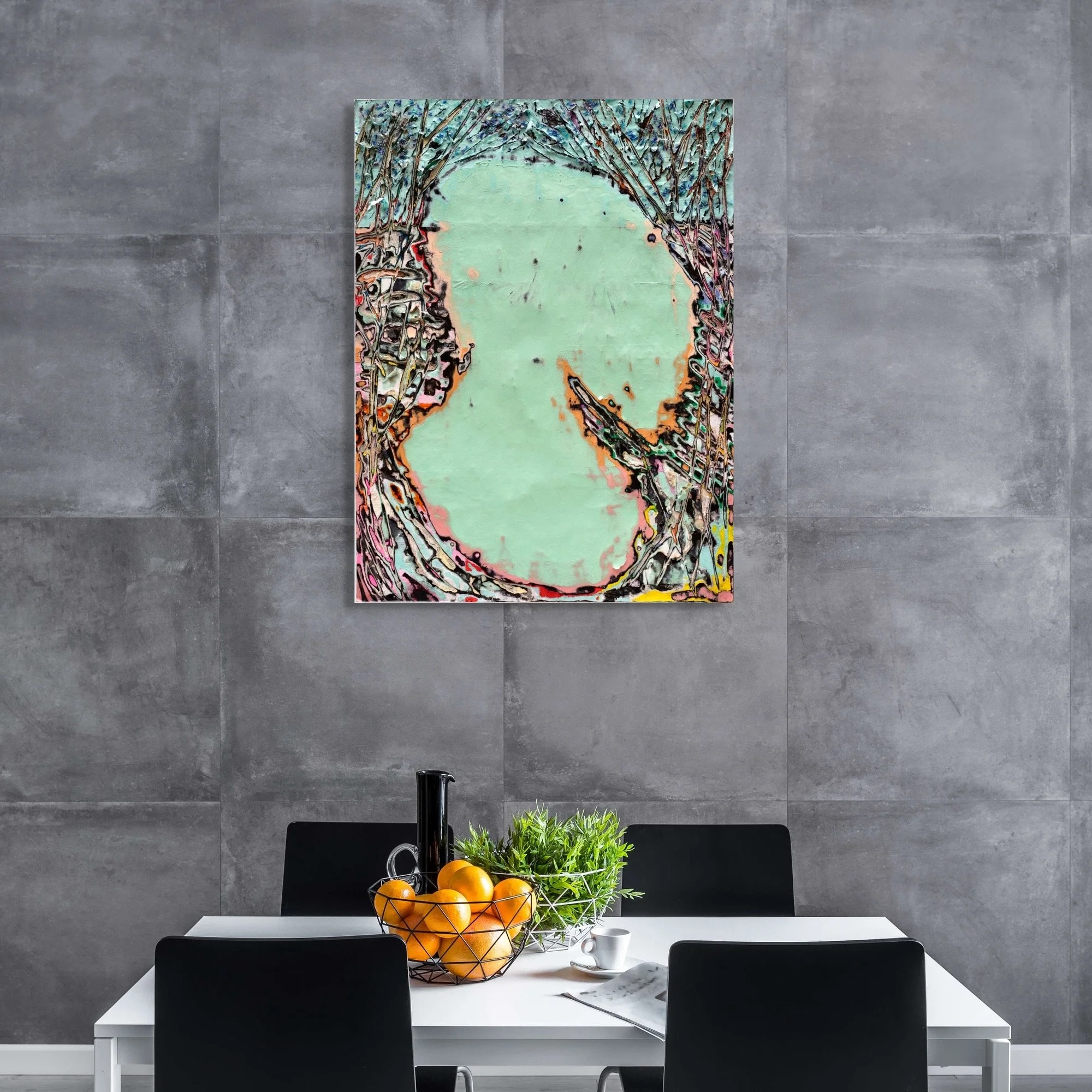 Oyaya, layered and hand-carved paper artwork by Michele Bonds, shown in contemporary interior