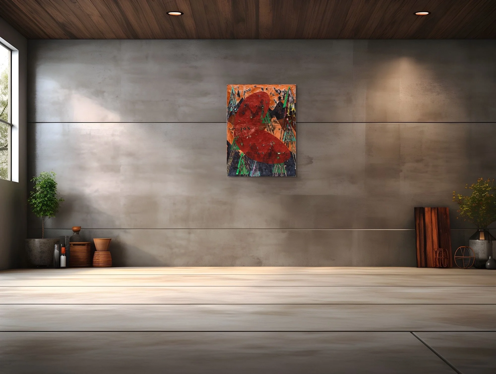 Venus in Firs, layered and hand-carved paper artwork by Michele Bonds, shown in contemporary interior