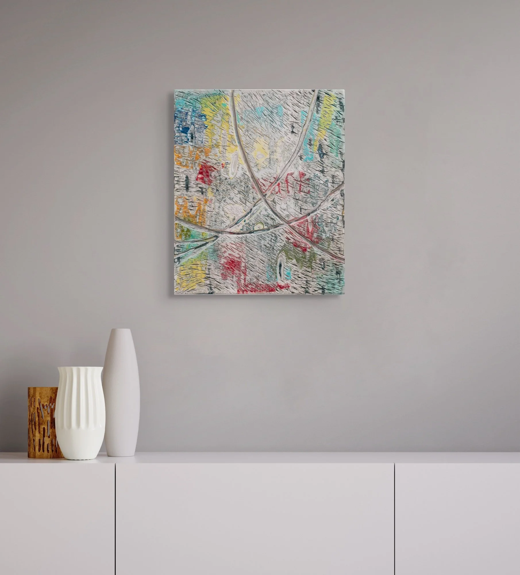 Birth of a Vector, layered and hand-carved paper artwork by Michele Bonds, shown in contemporary interior
