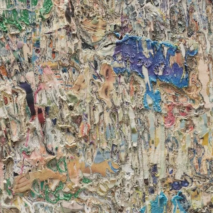 Surface detail of Strange Love with exposed layers and sculptural cuts