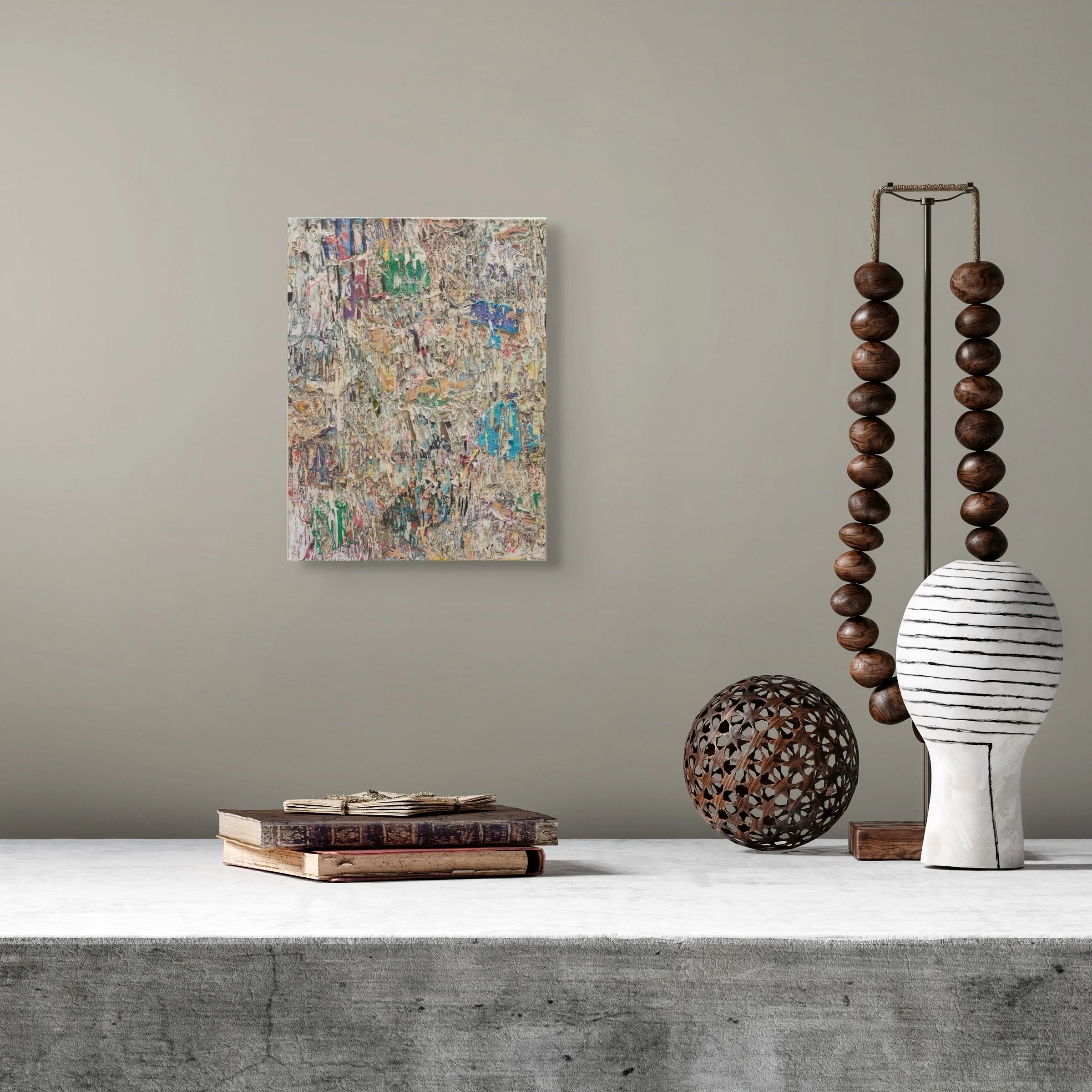 Strange Love, layered and hand-carved paper artwork by Michele Bonds, shown in contemporary interior