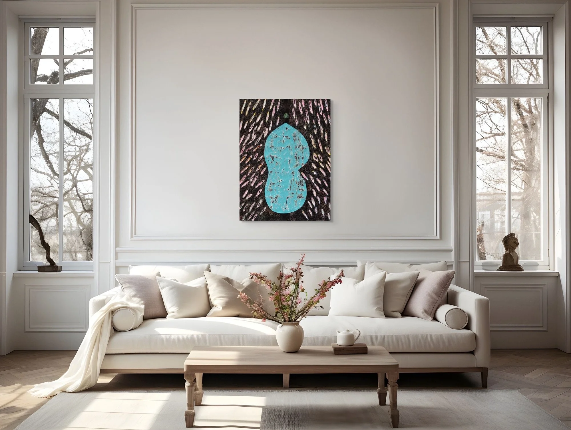 Grigoria, layered and hand-carved paper artwork by Michele Bonds, shown in contemporary interior