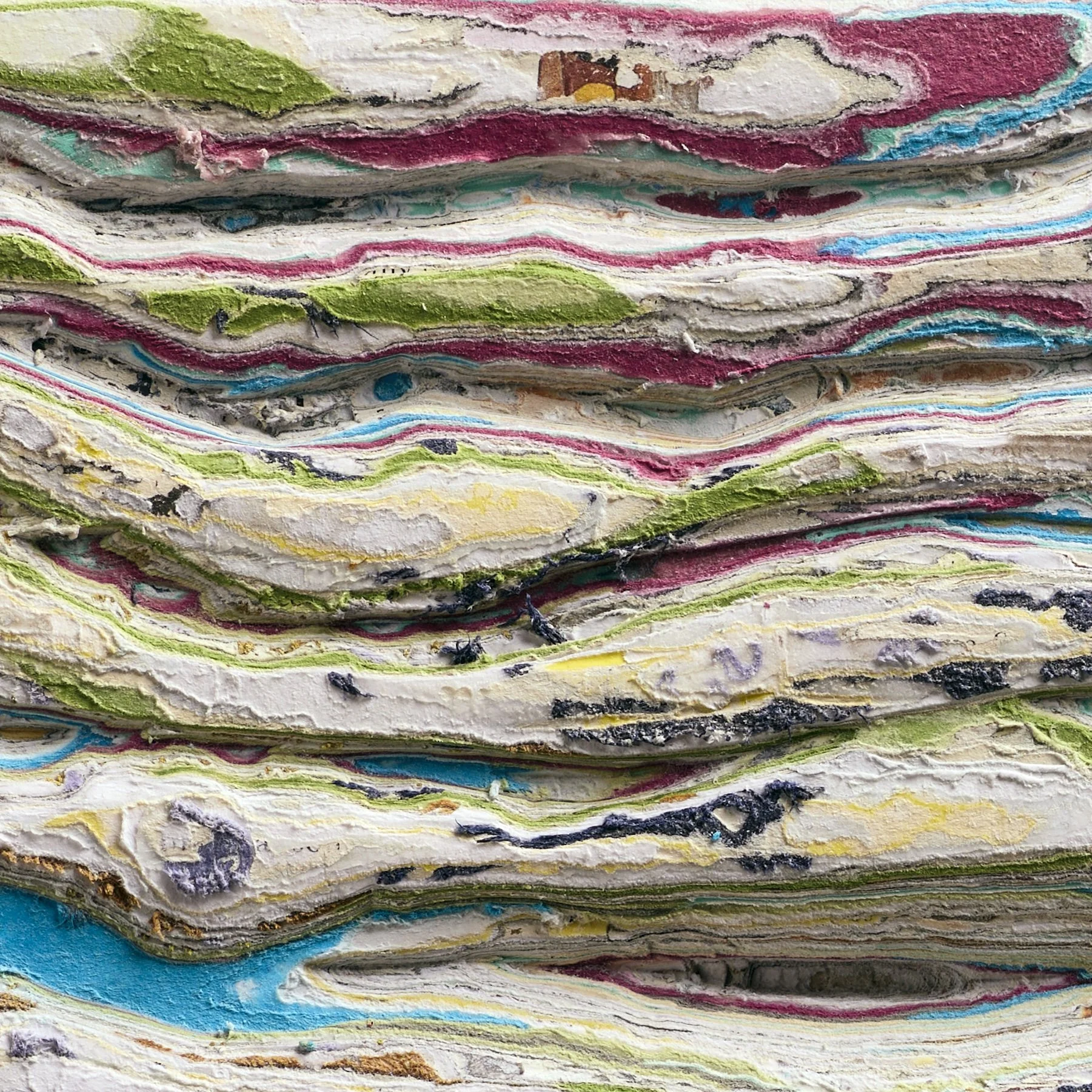 Detail of Accretion of Becoming with exposed layers and sculptural cuts