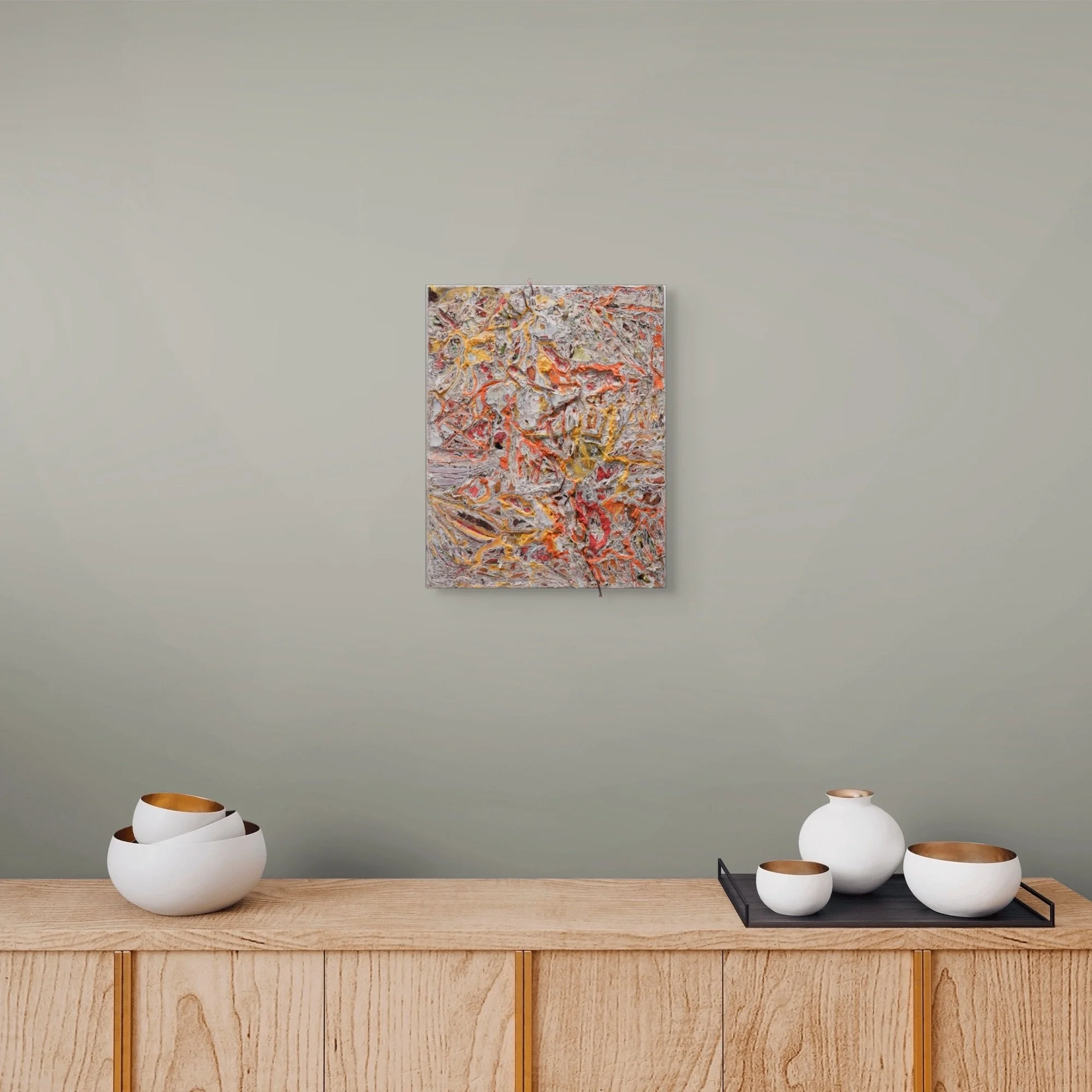 Phoenix Burning, sculptural carved paper artwork by Michele Bonds, installed in modern interior