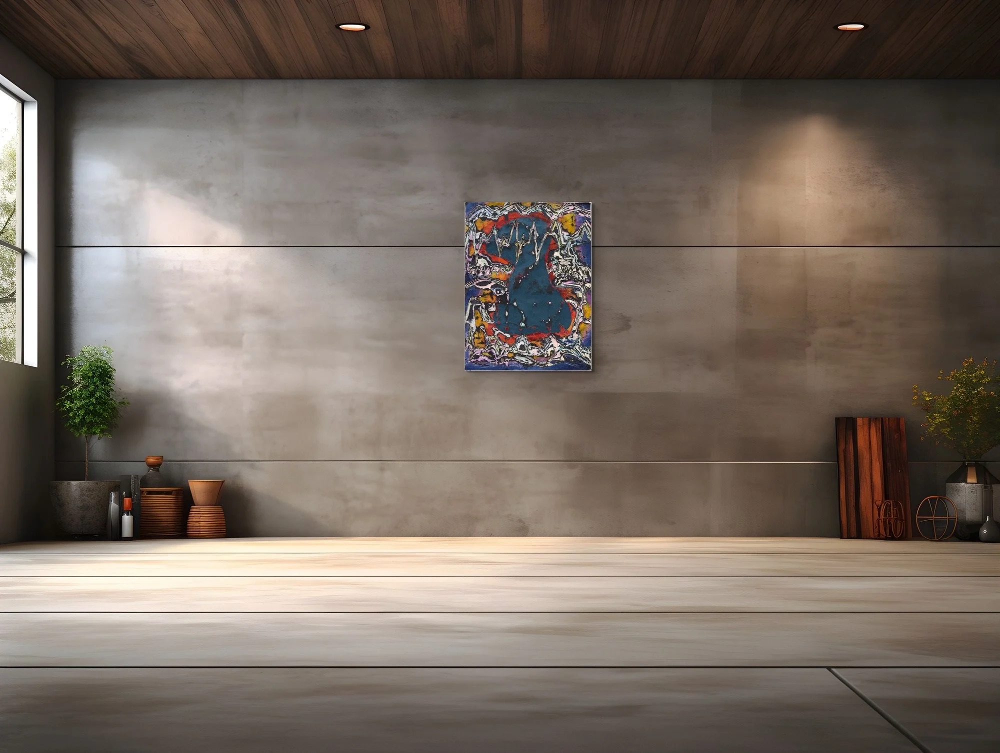 Luscinia, layered and hand-carved paper artwork by Michele Bonds, shown in contemporary interior