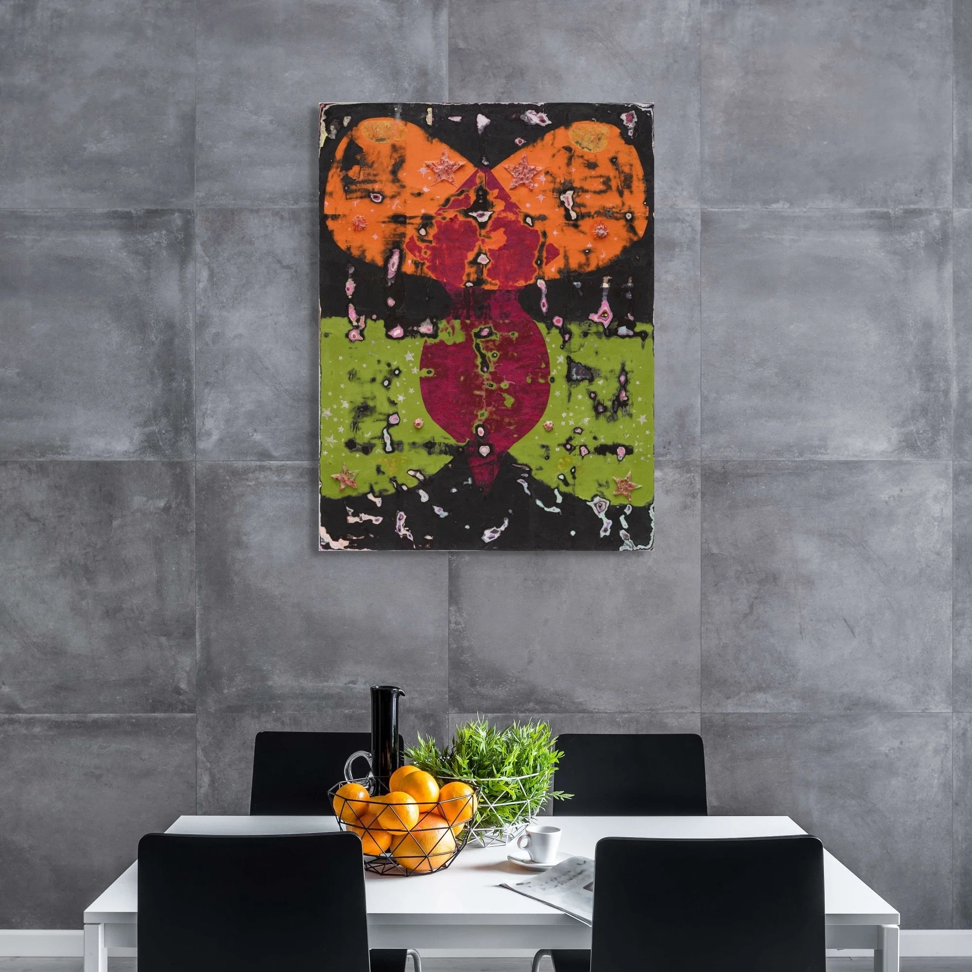 Scorpius, sculptural paper artwork by Michele Bonds, displayed in neutral interior setting