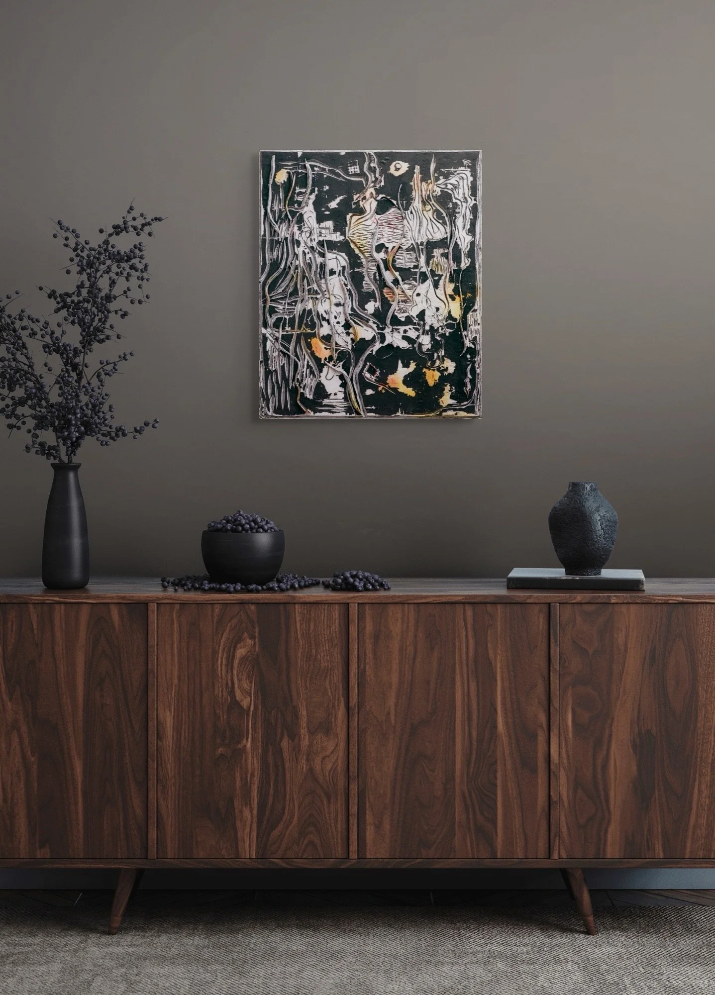 Plasma Hymn, layered and hand-carved paper artwork by Michele Bonds, shown in contemporary interior