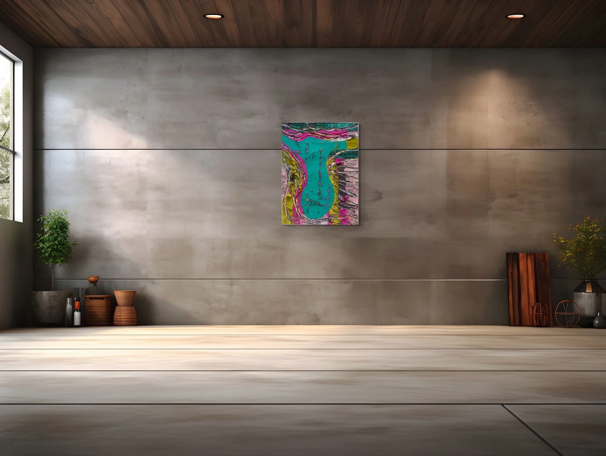 Stakahi, layered and hand-carved paper artwork by Michele Bonds, shown in contemporary interior