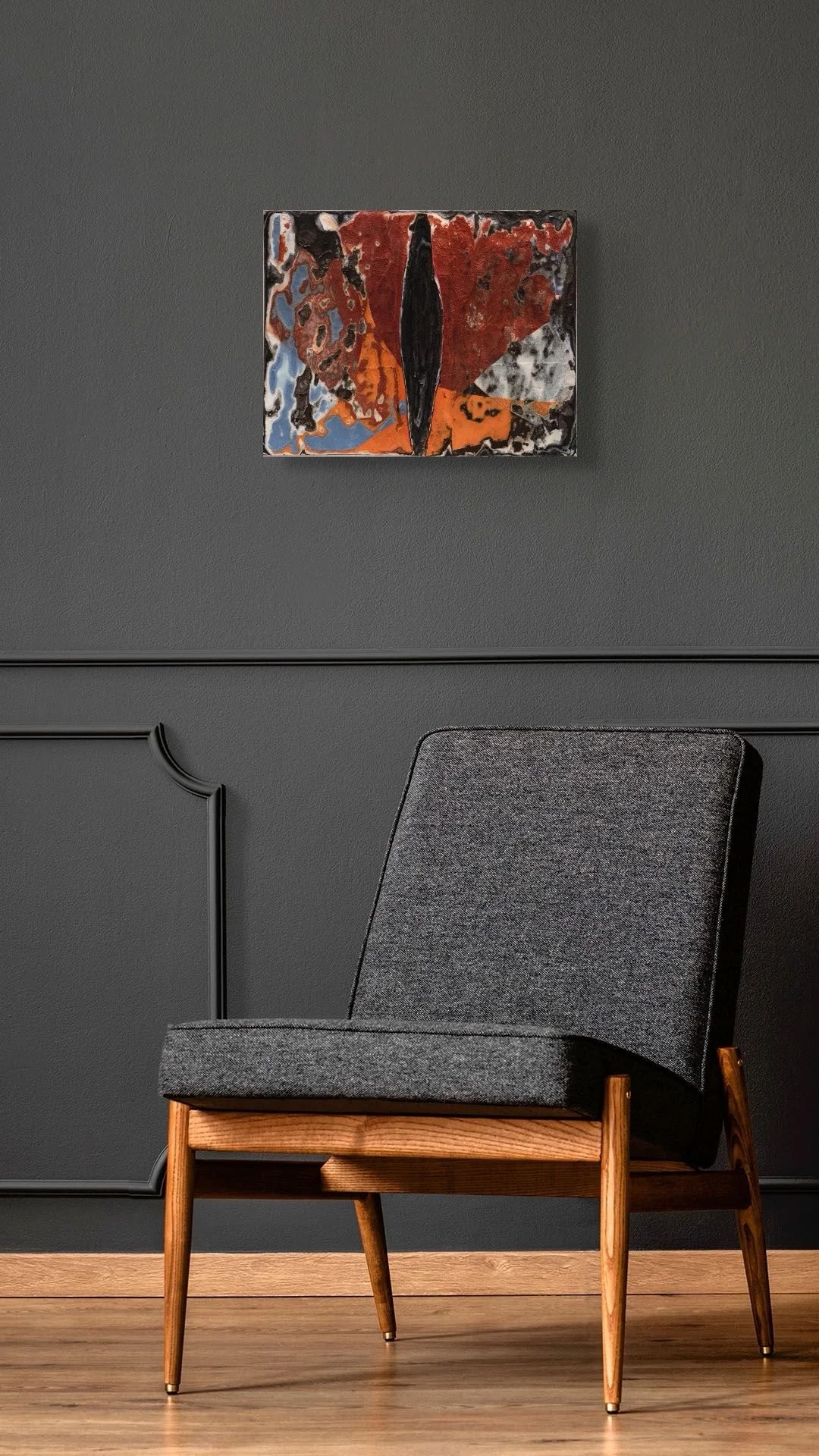 Winter Chaos, layered and hand-carved paper artwork by Michele Bonds, shown in contemporary interior