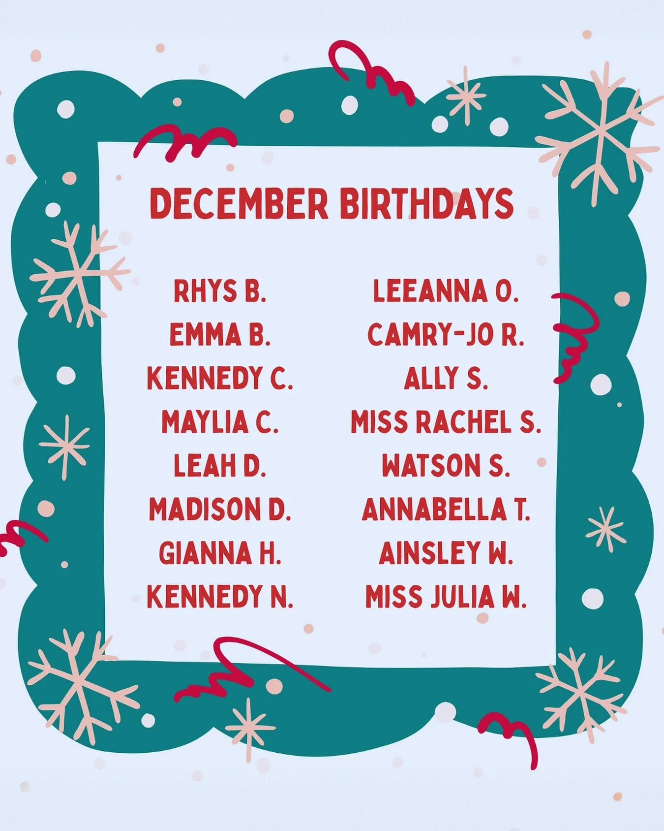 Celebrating our December dancers and teachers! Wishing you a month full of joy, sparkle, and birthday magic. ❄️✨
&hellip;
#seriousdancingseriousfun #dazzledance  #dancecompany  #dazzle #munciedancestudio
#munciedance #yorktowndance
#yorktowndancestud