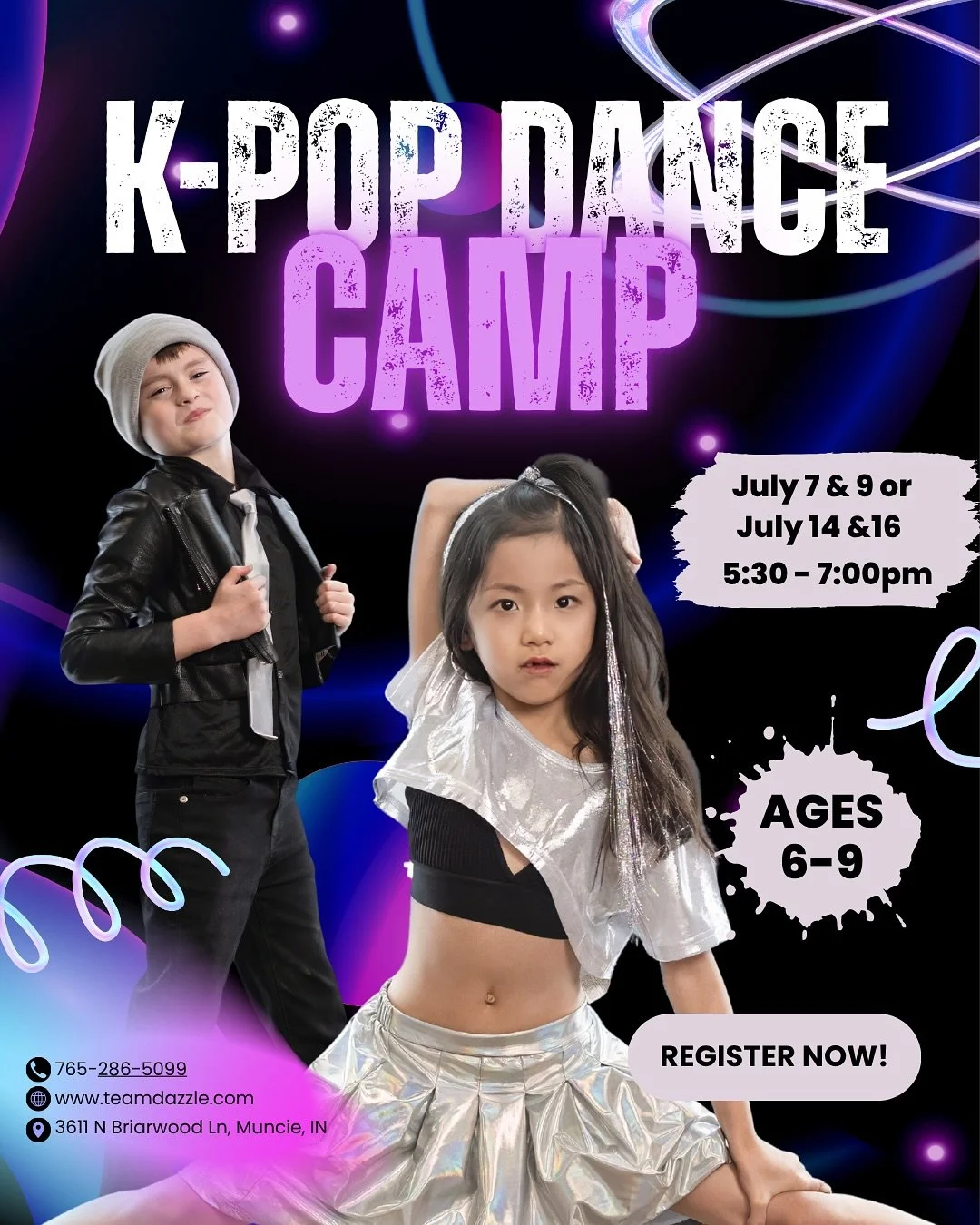 ☀️SUMMER DANCE CAMPS at Dazzle
Looking for a fun way to keep your child active this summer? Join us for themed dance camps filled with dancing, games, crafts, creativity, and FUN!
K-Pop Dance Camp (Ages 6&ndash;9) 📍 July 7 &amp; 9 | 5:30&ndash;7:00 