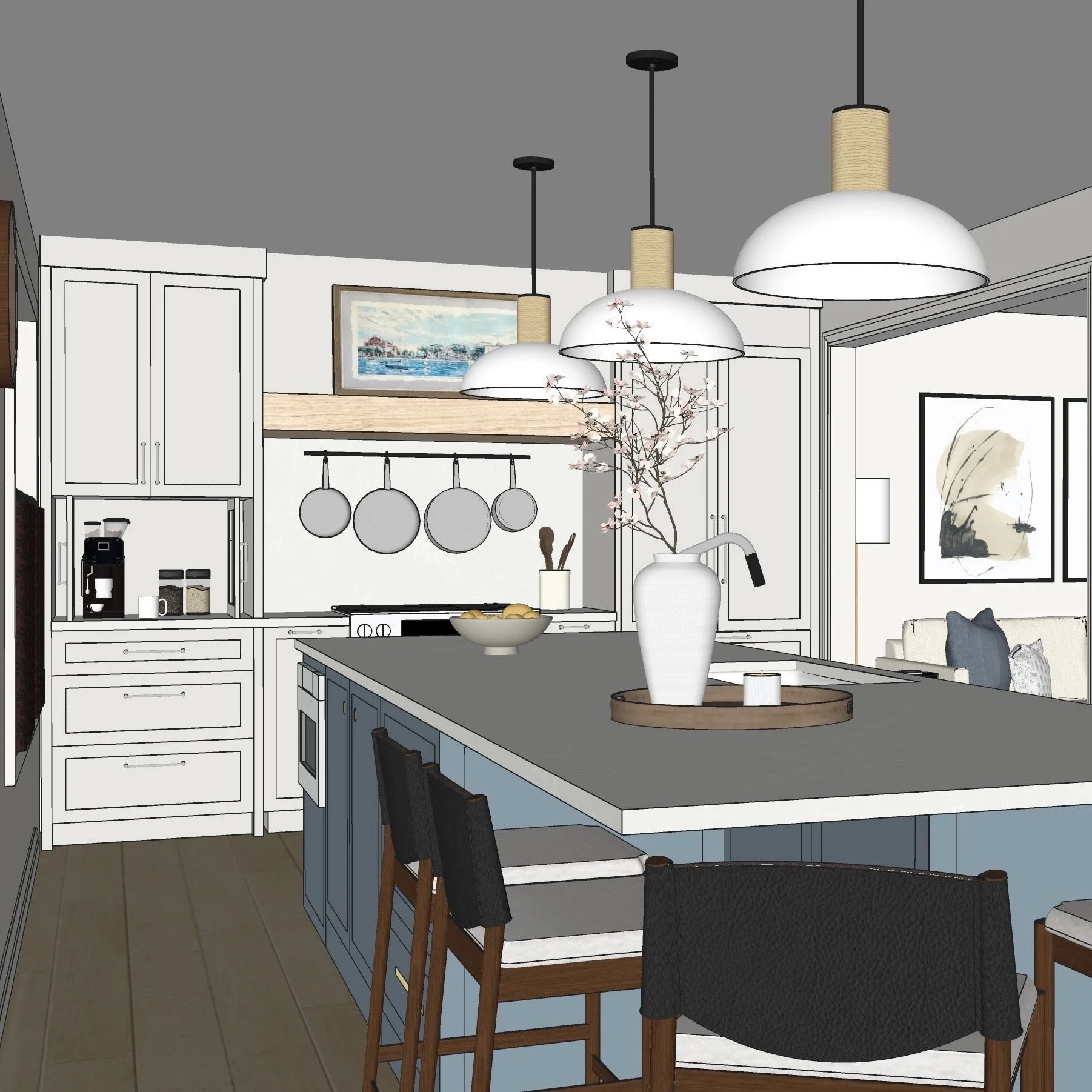 A rendering captures the intention of a kitchen. Bringing it to life is about consistency in every decision that follows.

From cabinetry and hardware to stone and lighting, each element is selected and adjusted to ensure the final space feels cohesi