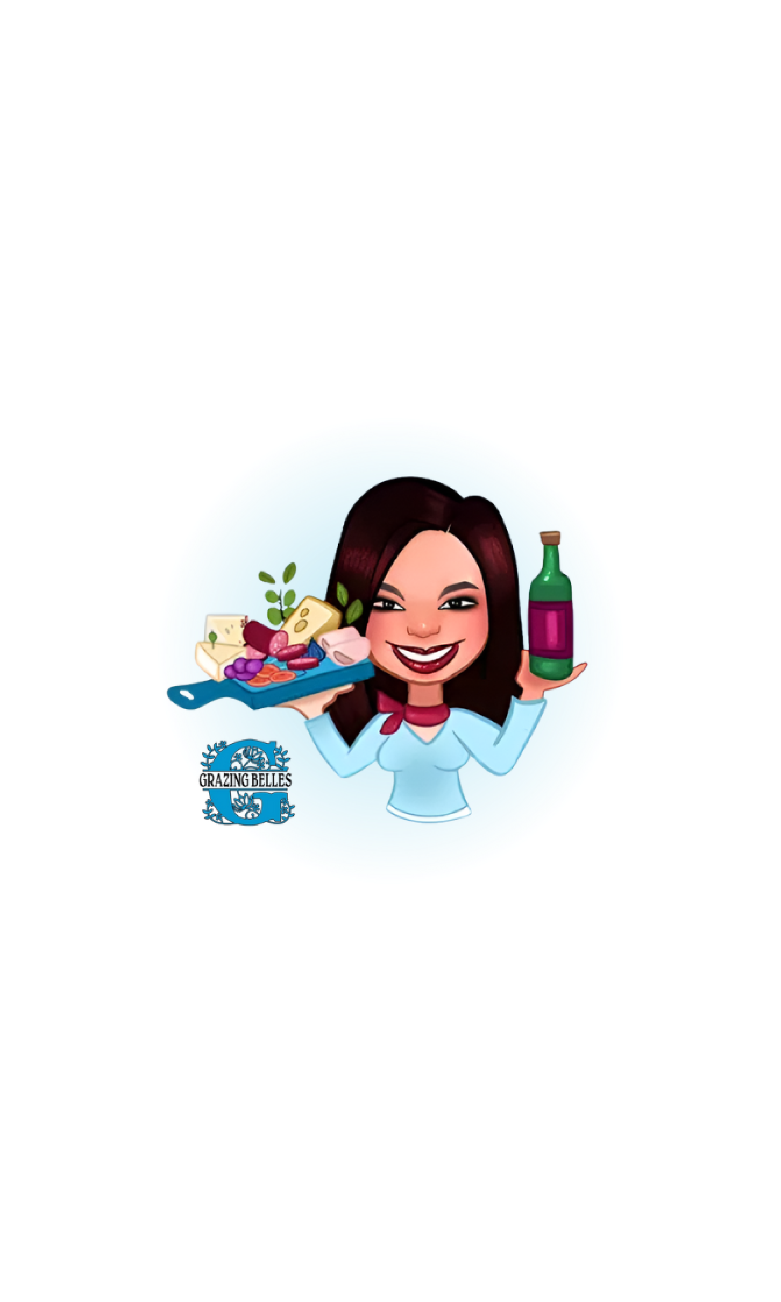 Cartoon woman with long dark hair holding a tray of cheese, grapes, and meats in one hand and a green bottle in the other, with a logo that says 'Grazing Belles' at the bottom left.