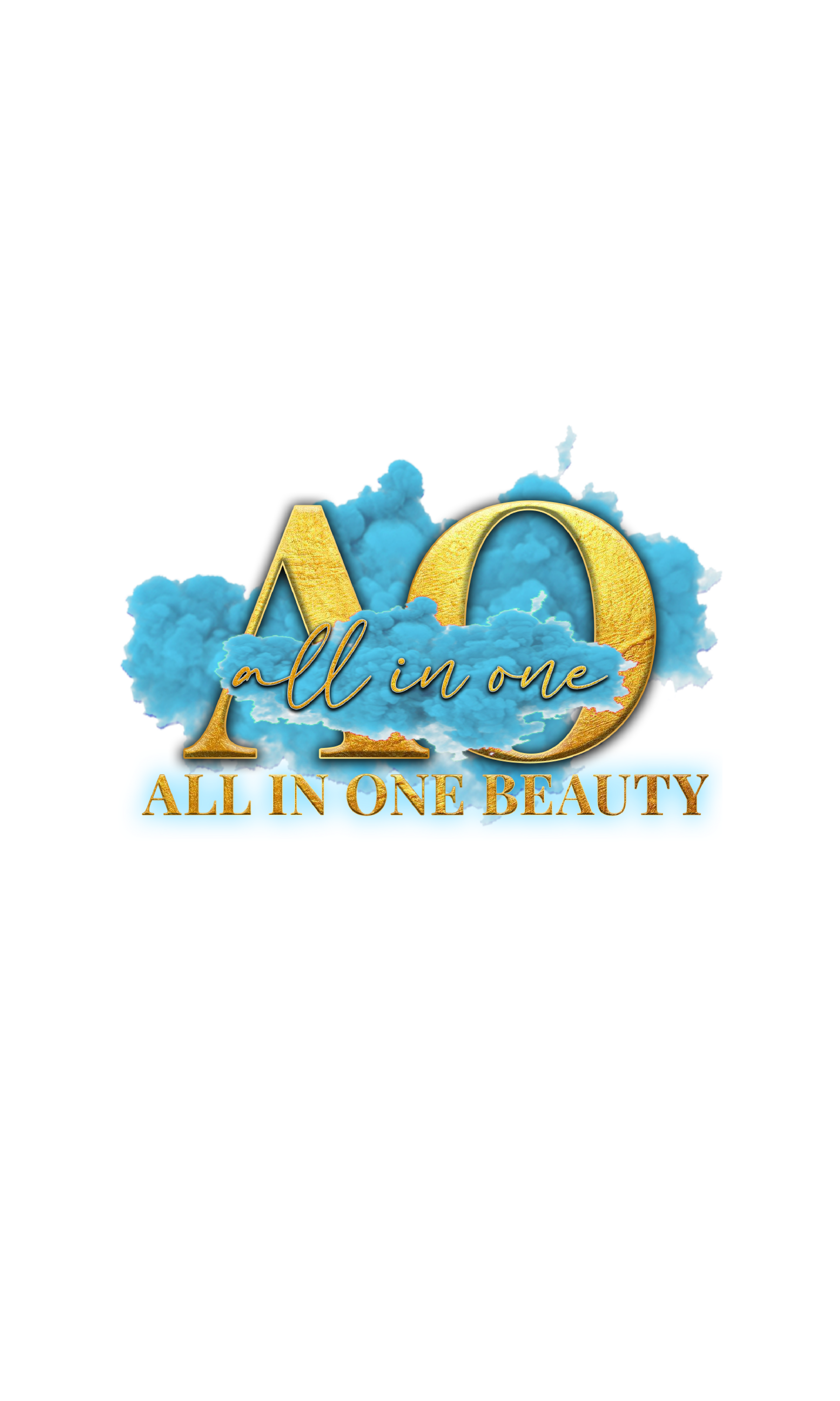 Graphic design with gold text reading 'All in One Beauty' over a background of blue clouds and a large gold 'AO'. The phrase 'all in one' is written across the clouds.