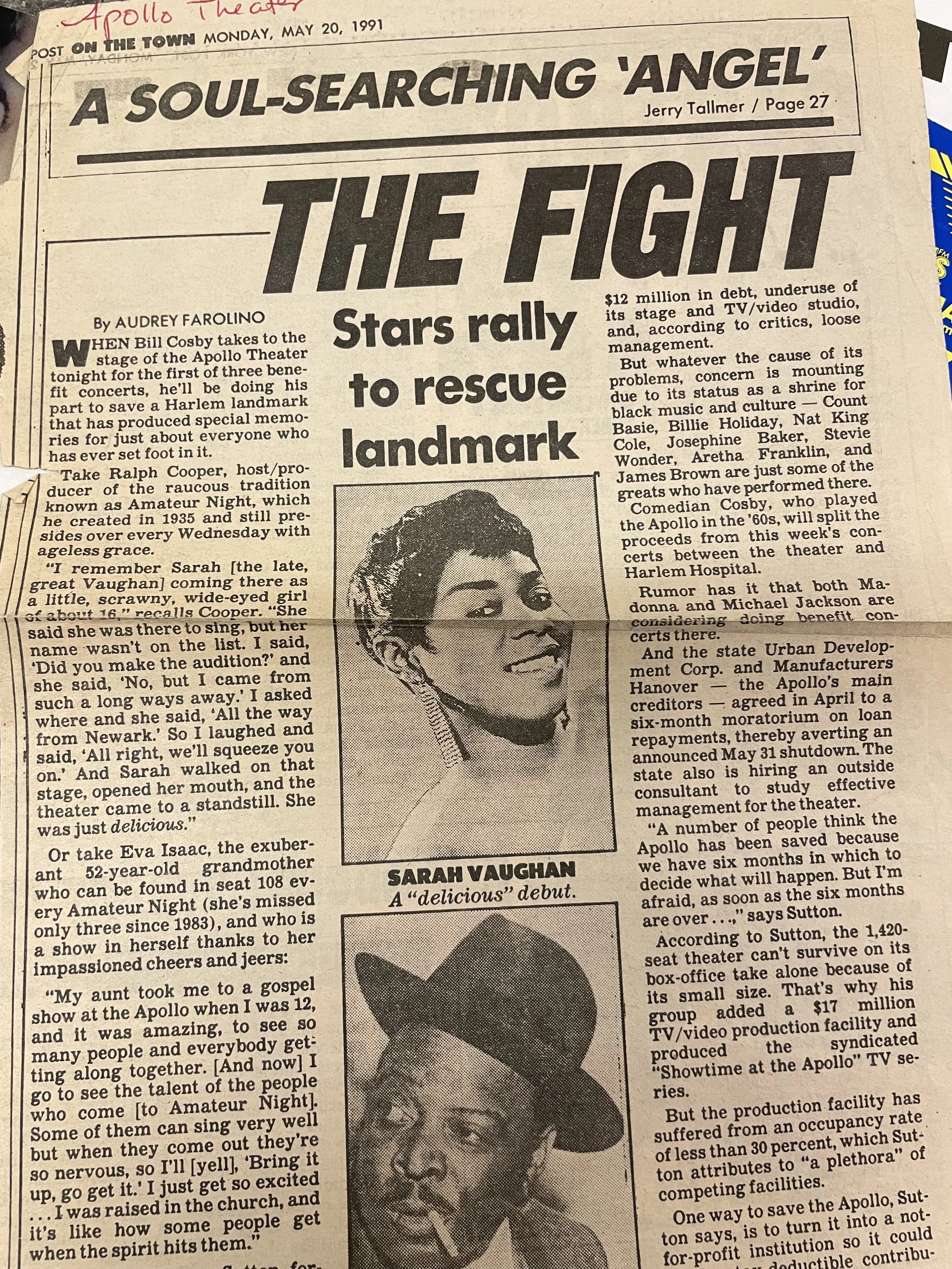 Apollo Theatre. NY Post. On The Town. Monday 05.20.1991.  Full Article Page 1