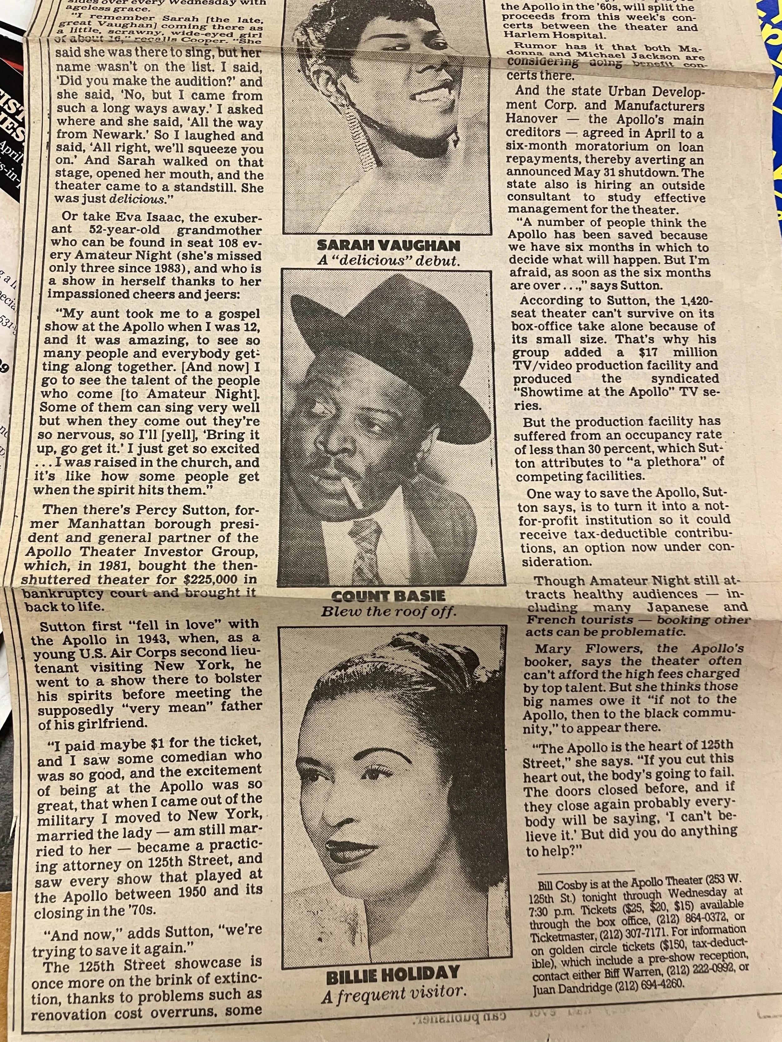 Apollo Theatre. NY Post. On The Town. Monday 05.20.1991.  Full Article Page 2
