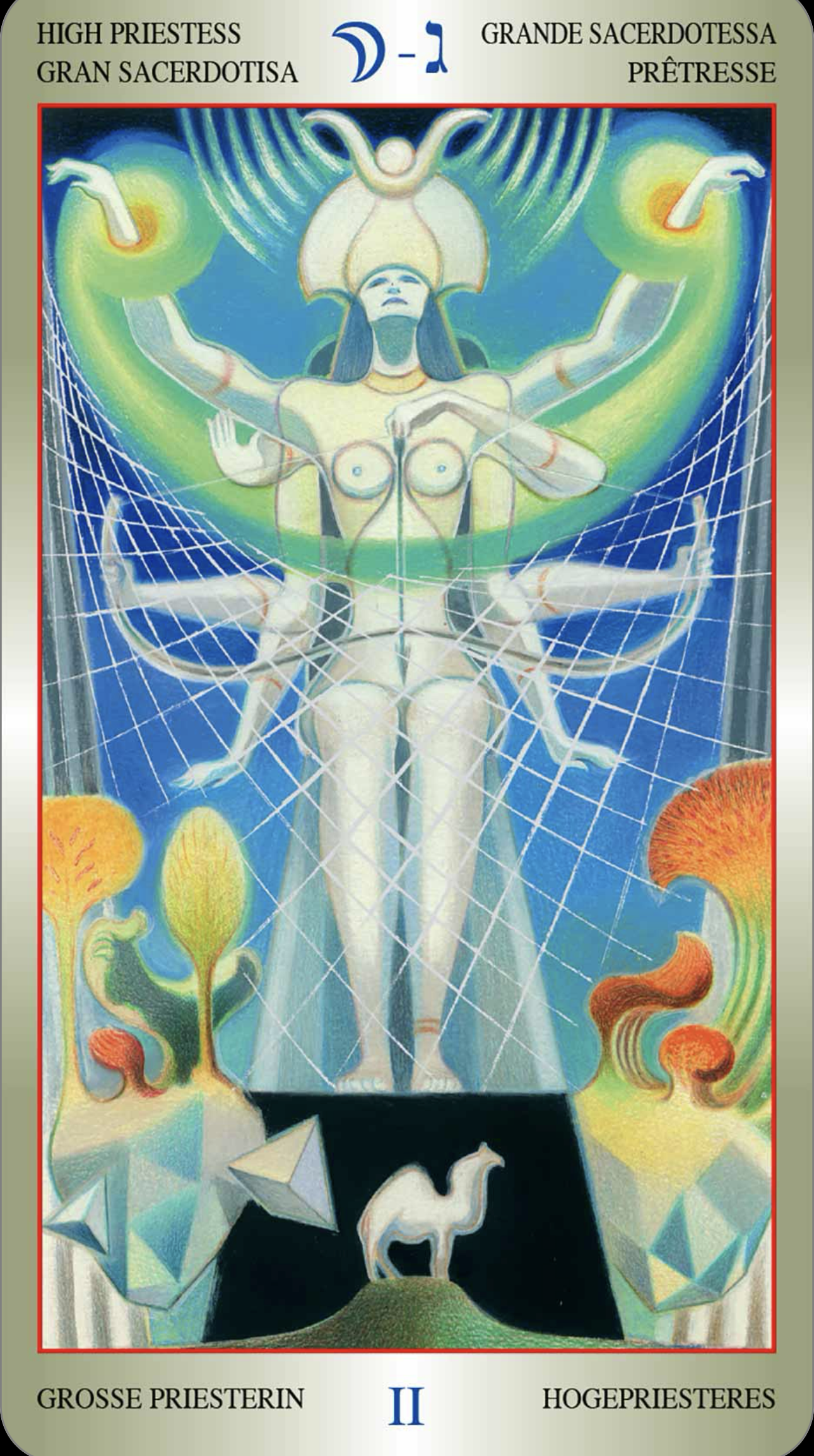 the high priestess from Liber T: tarot of the stars eternal, an image of a woman's body with a bangle around her ankle, is it weighing her down? does it represent some kind of committment to the priestesshood?  a grid is overlaid on her, & everything