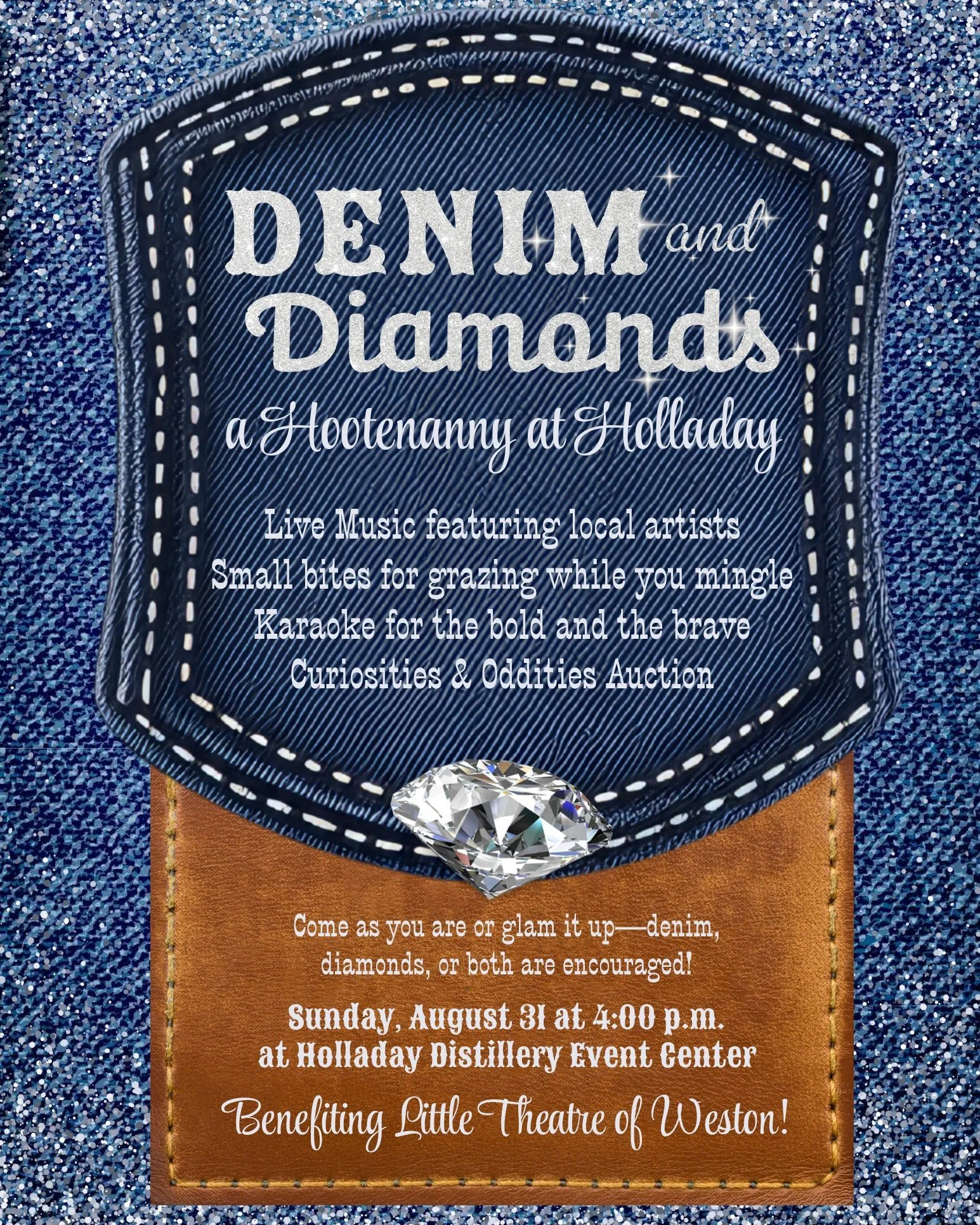 Denim and Diamonds: A Hootenanny at Holladay
A Fundraiser Benefiting the Little Theatre of Weston
Sunday, August 31, 2025 | 4:00 p.m.
Holladay Distillery
Join us at Holladay Distillery for a blend of small-town charm with a touch of glamour. Your t