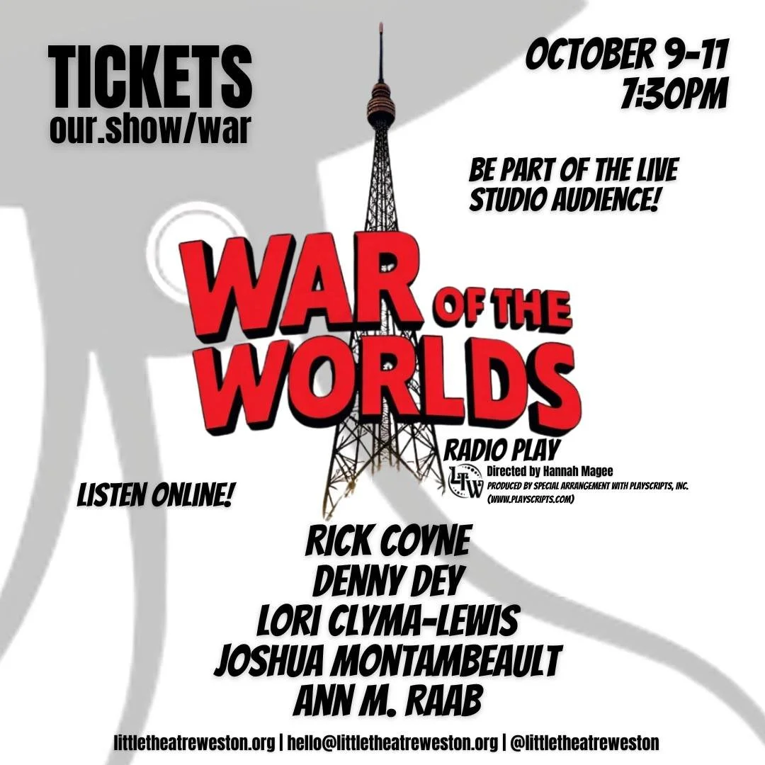 π¨ BREAKING NEWS π¨
Reports are flooding in… strange objects have landed. Could this be the end of the world as we know it? π½
Experience War of the Worlds, presented by Little Theatre of Weston and directed by Hannah Magee.
π
October 9-11
