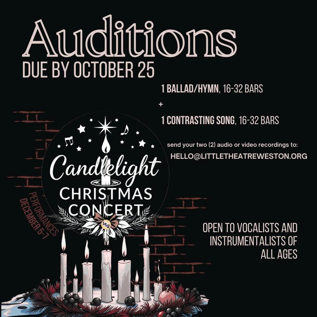 Did you send in your audition? They're due Saturday! 
Performance Dates: December 5-7 (evenings)
Rehearsals: Sundays in November, 7:30-9:30pm
Audition Deadline: October 25
Send us 16-32 bars from TWO holiday songs that show off your range and wha