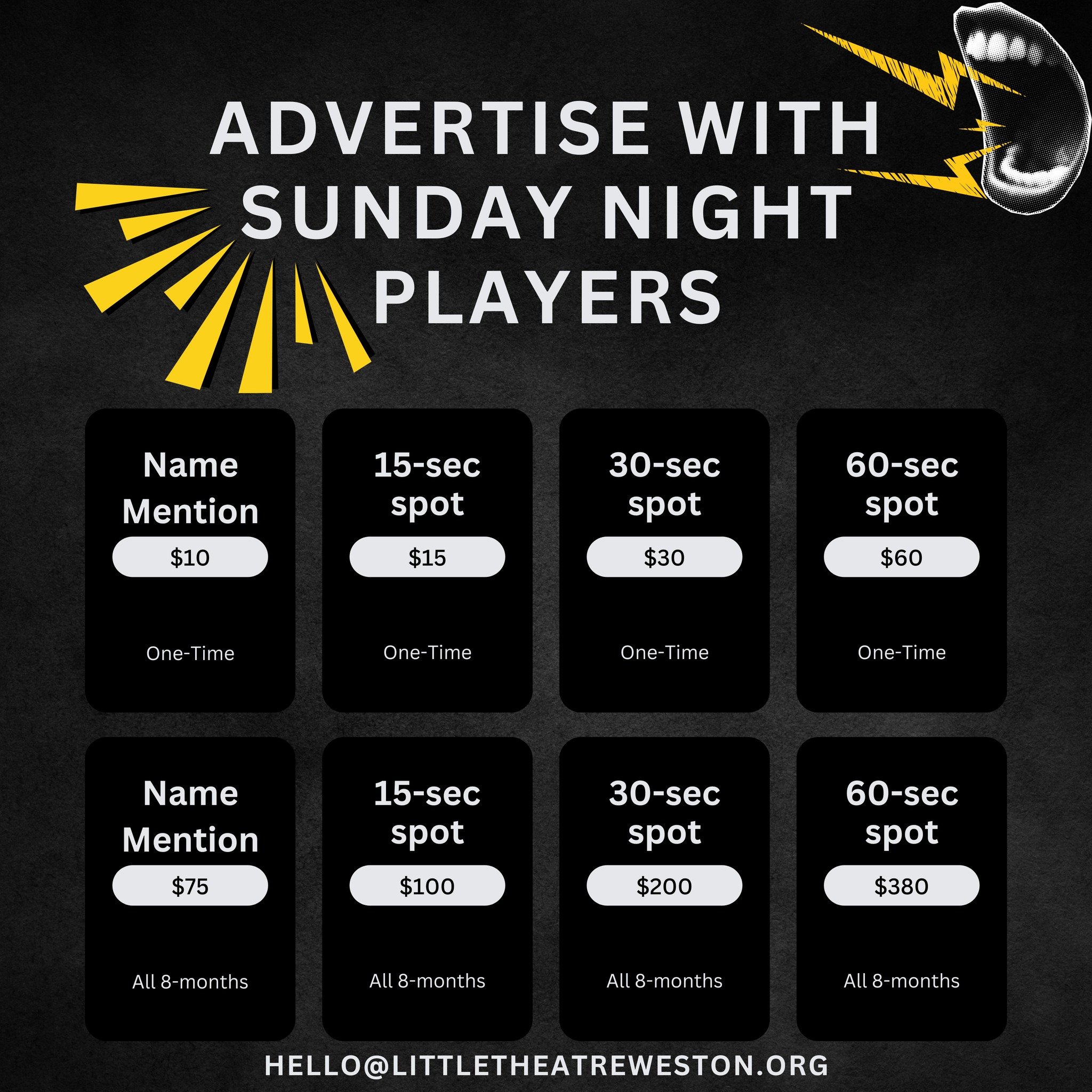 Little Theatre of Weston is opening up commercial spot opportunities for our next 8 months of radio shows!

Whether you&rsquo;re a small business or a brand with ambition, our classic audio drama series is a fun, effective way to get your message in 