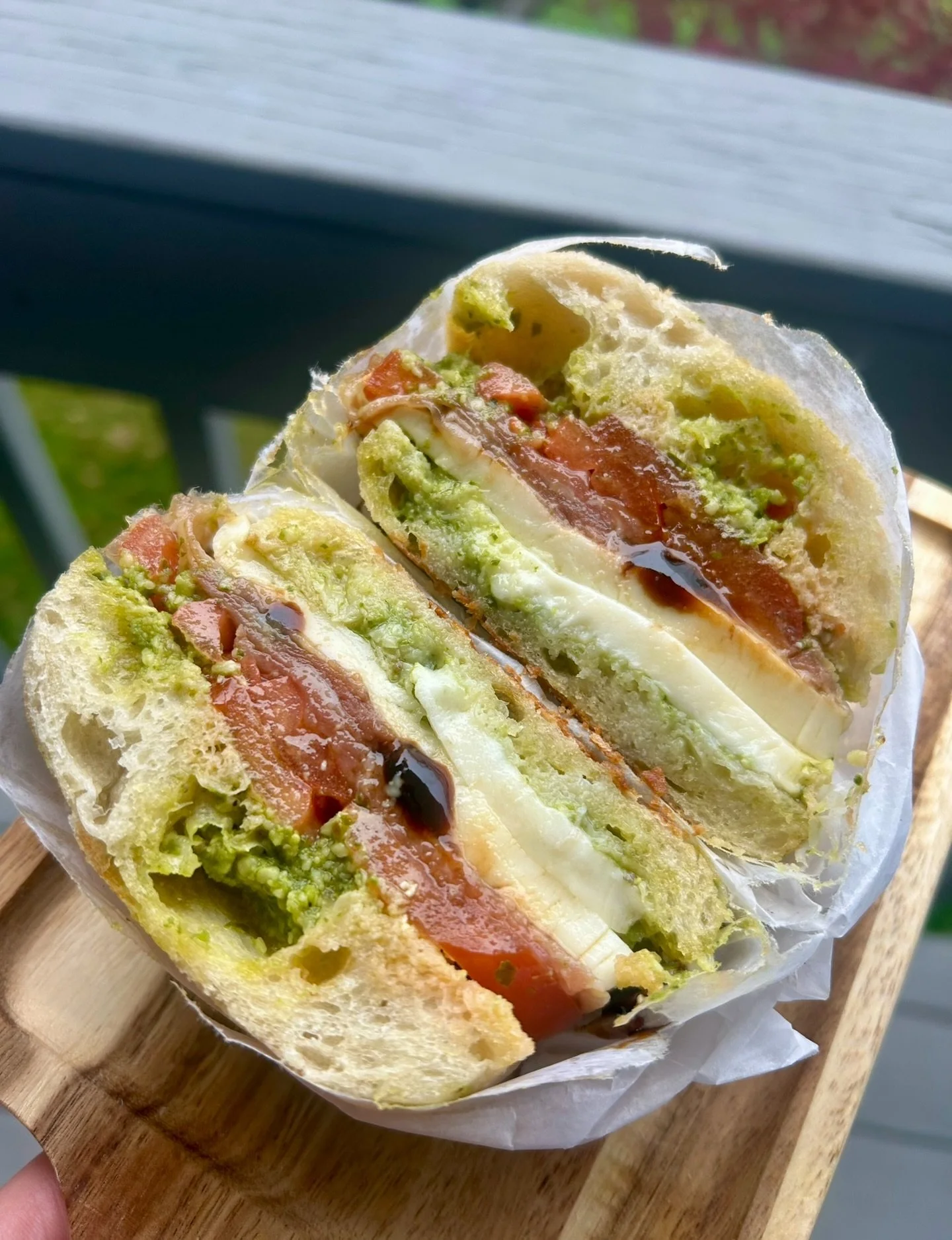 Mozzarella, pesto, prosciutto, tomato &amp; balsamic 🤤