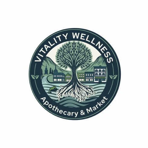 Logo for Vitality Wellness Apothecary & Market featuring a large tree with roots, surrounded by buildings and mountains.