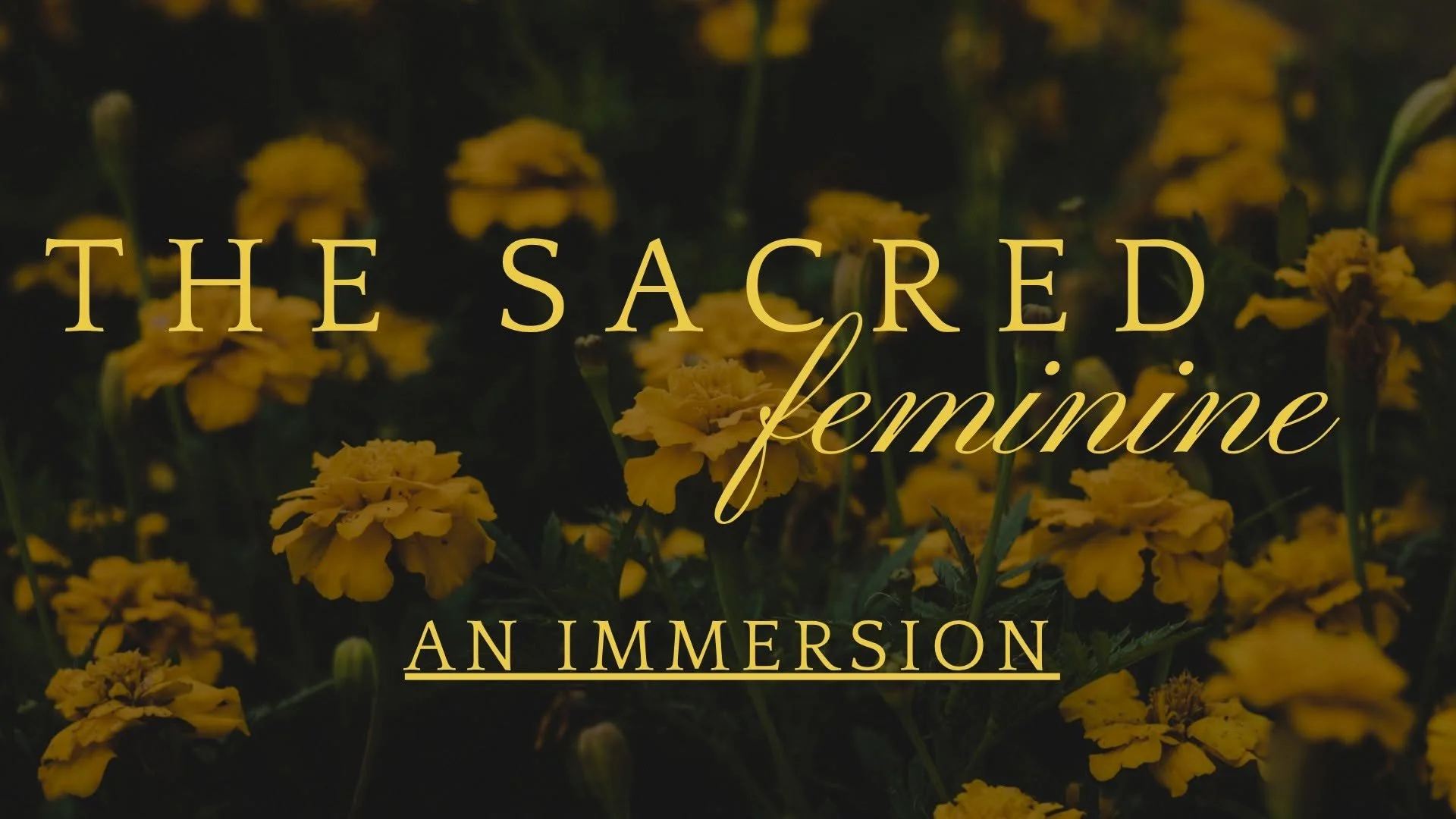 A title card for 'The Sacred Leminine: An Immersion' displays over a background of yellow flowers in a dark setting.