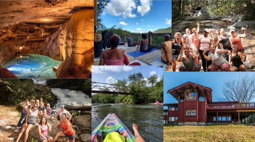 Collage of outdoor activities and scenic landscapes: waterfall and pool inside a cave, people practicing yoga outdoors, group of women at a waterfall, group of friends in a forest, kayaking on a river, and a building with red walls and large windows.