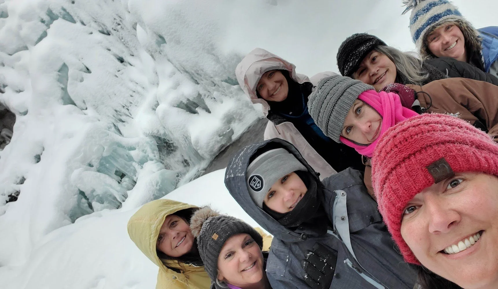 Group of people in winter clothing taking a selfie in a snowy, icy landscape.