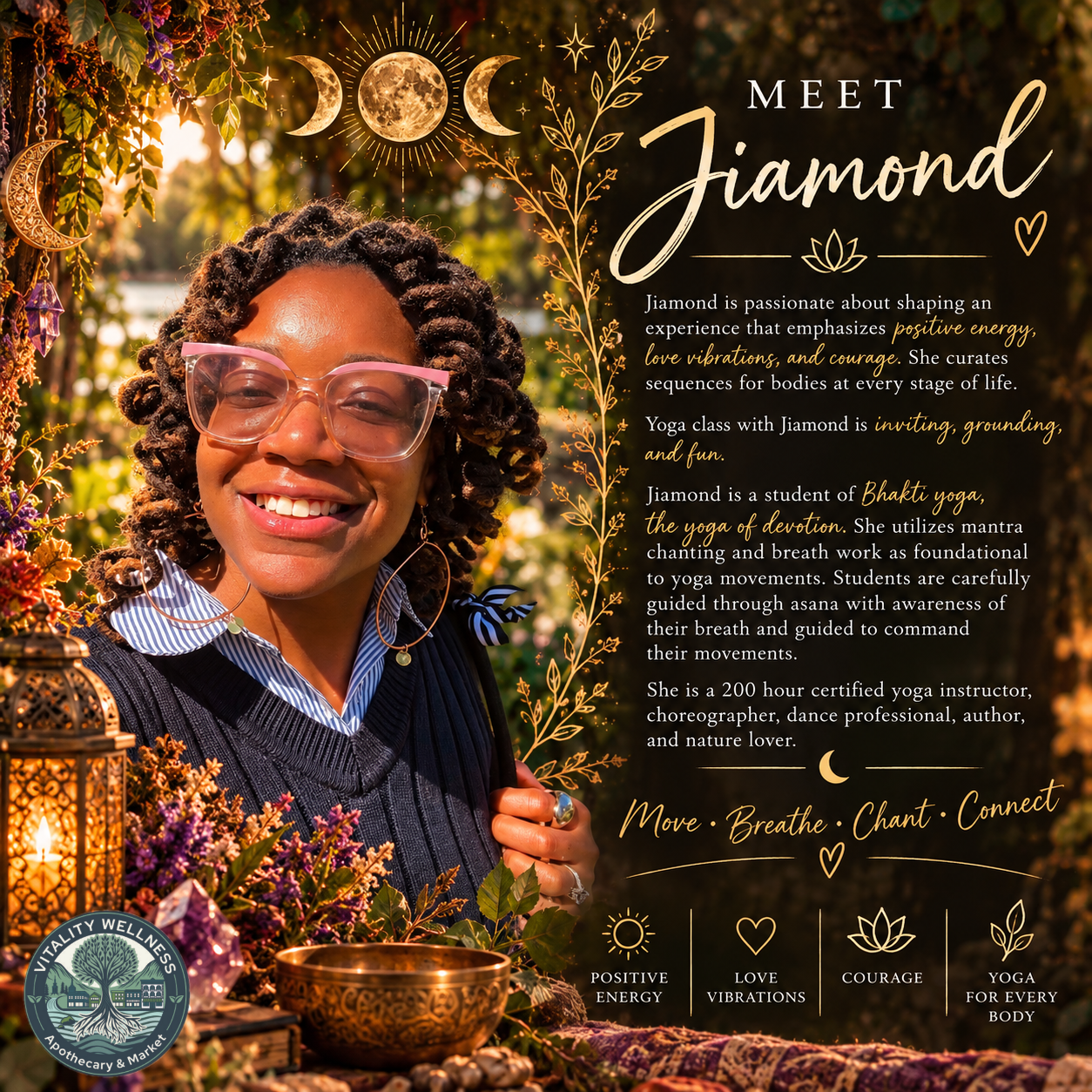 A woman with curly hair, wearing glasses, smiling outdoors with sunlight and trees in the background. The image includes decorative astrology symbols, moon phases, and text about Jiamond's background and wellness practices, with a logo in the bottom left corner.