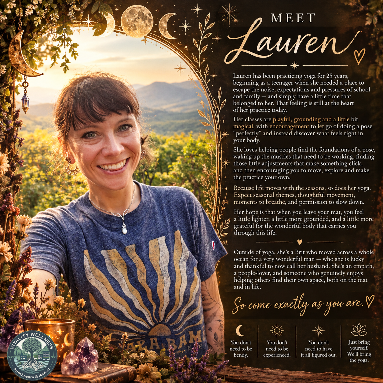 A woman with short brown hair, wearing a blue t-shirt with a sun and the word 'ARAN,' smiling outdoors with a mountainous landscape in the background, surrounded by flowers and decorations, including hanging moon phases and crystals, next to a written biography of a woman named Lauren.