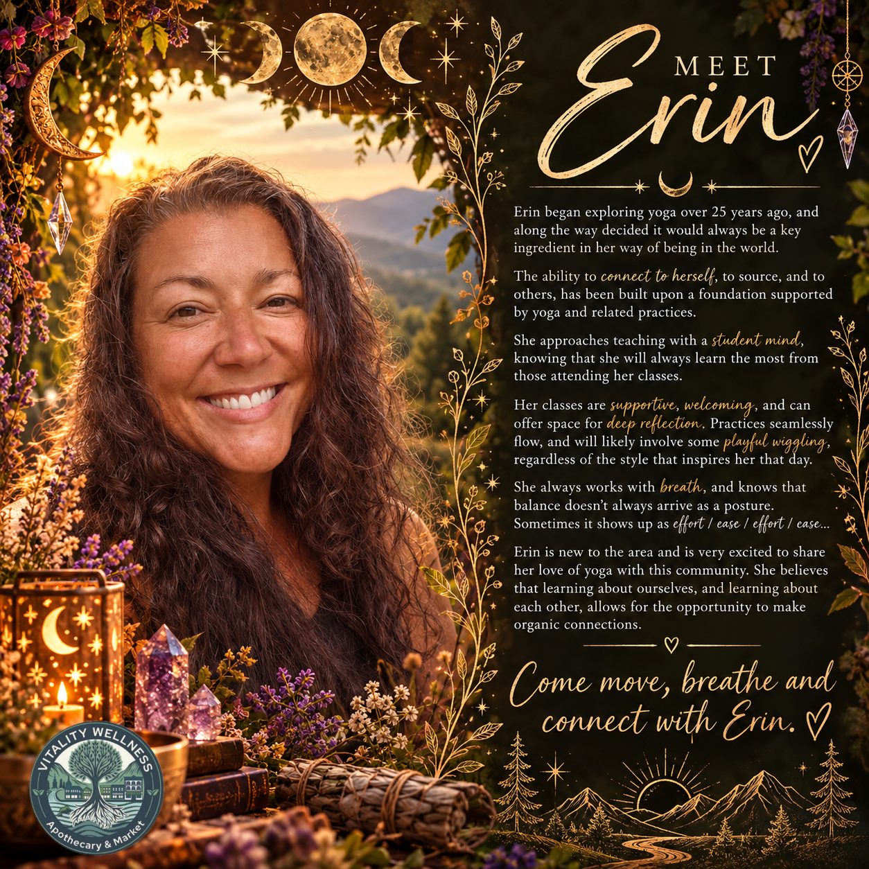 A smiling woman with curly hair in a natural outdoor setting at sunset, decorated with celestial symbols, flowers, and mystical ornaments. Text introduces Erin and her approach to yoga and teaching.